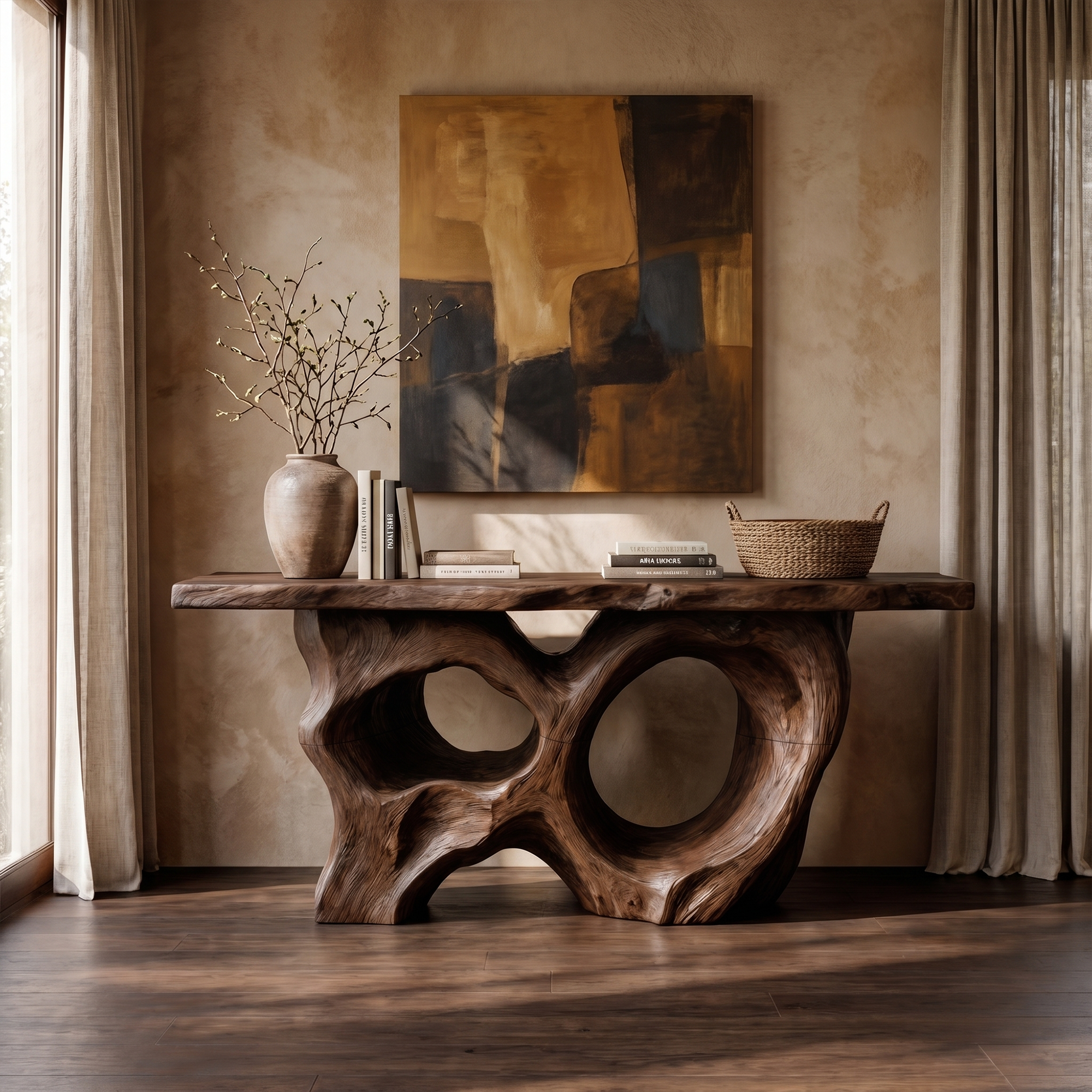 Modern Console Table With Sculptural Asymmetrical Wood Base For Living Room SINLKICS598