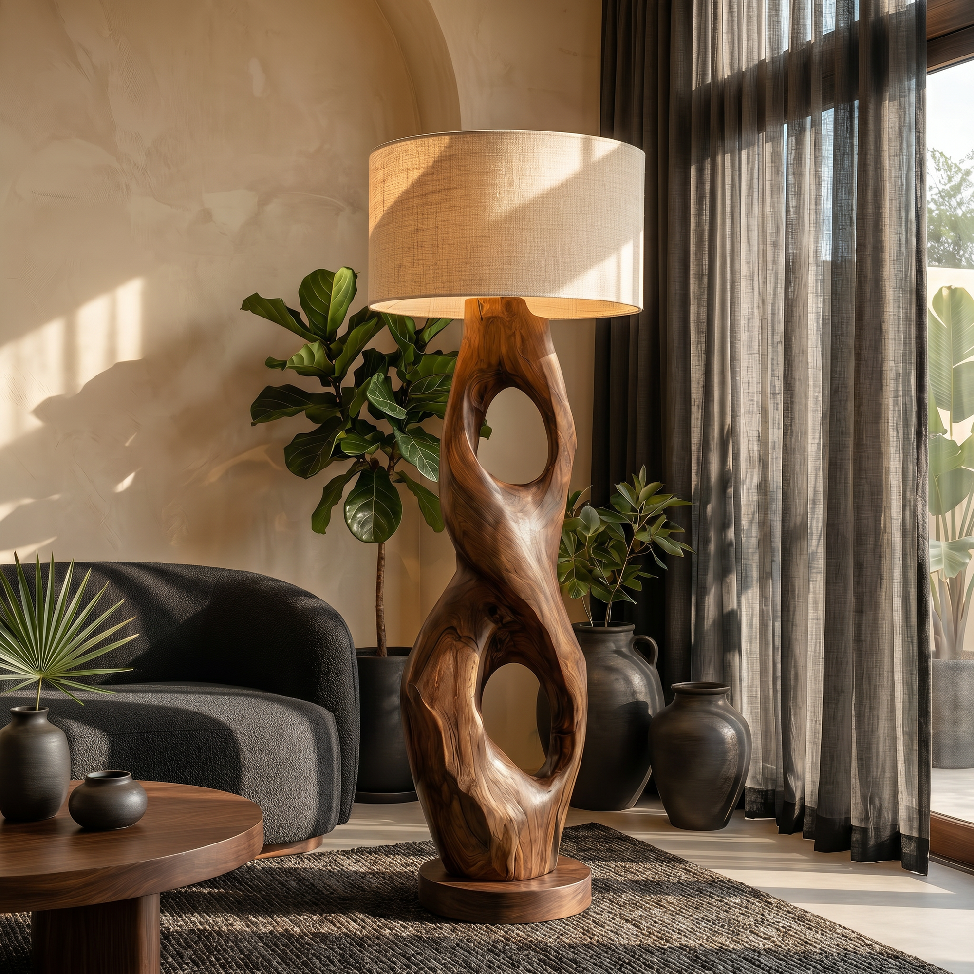 Rustic Floor Lamp With Handcrafted Hollow Wood Sculpture Base For Living Room SINLKIFLP088