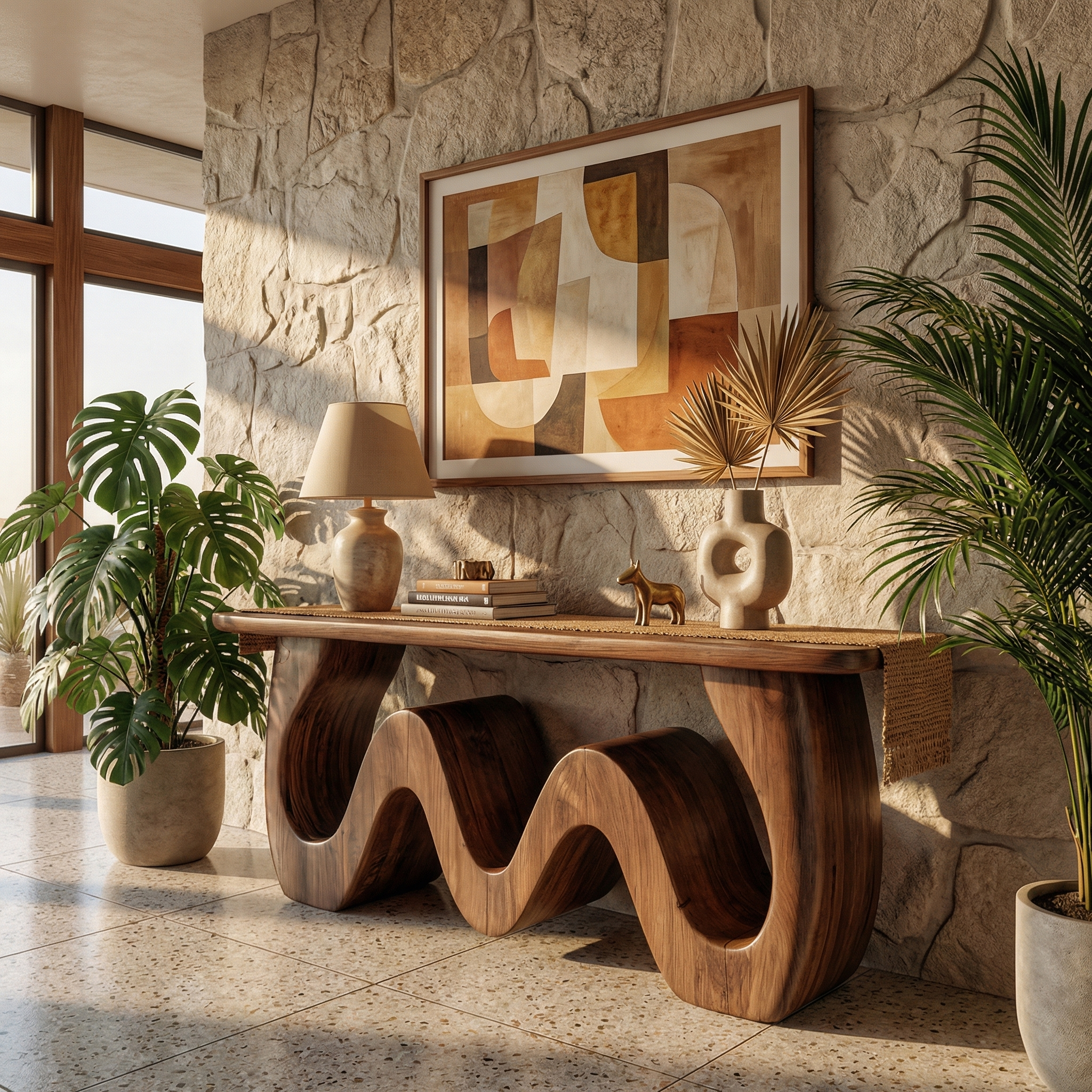 Organic Wave Console Table Solid Wood Bold Sculptural Curve Design Entryway And Living Room SINLKICS559