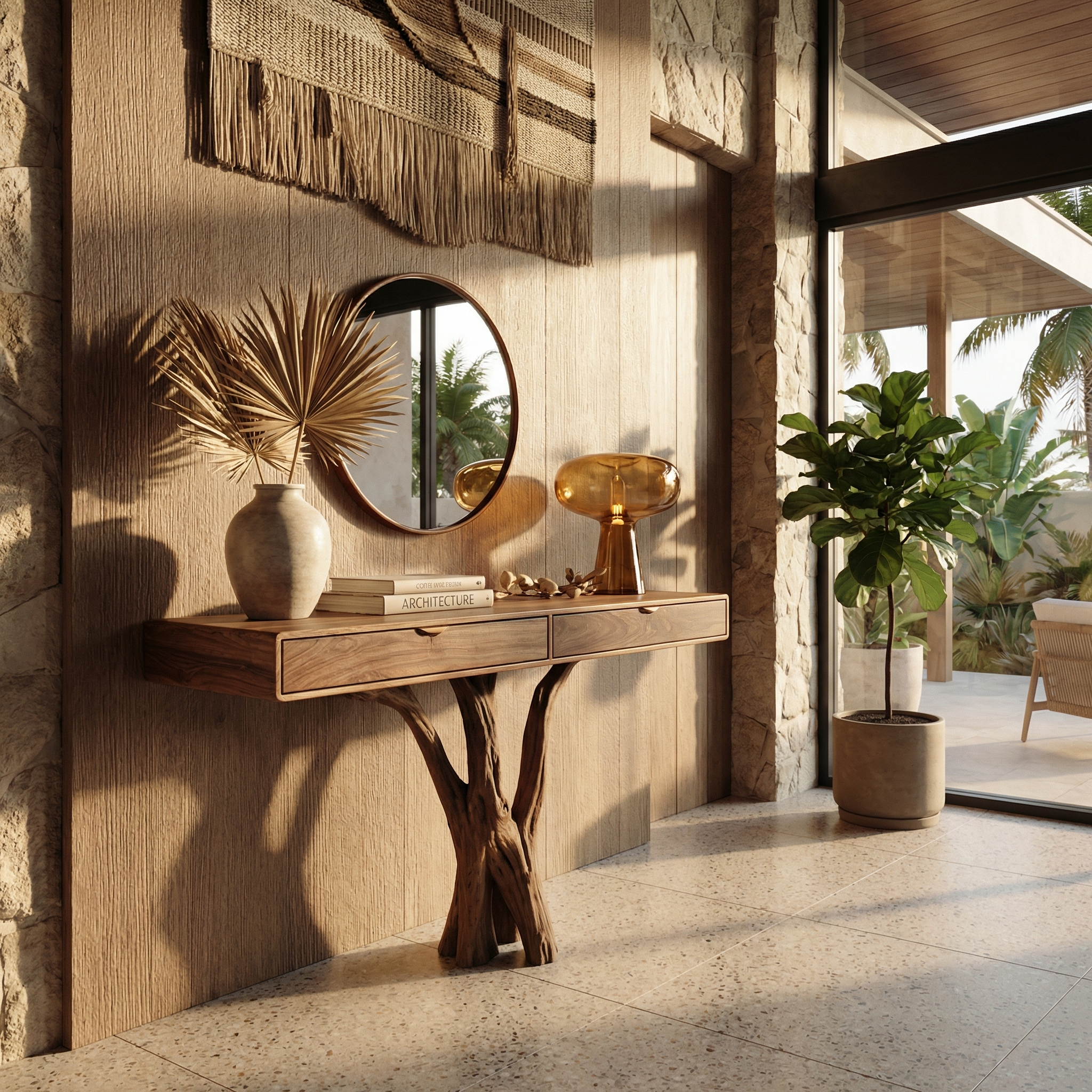 Sculptural Tree Console Table Solid Wood Branch Pedestal Design Living Room And Entryway SINLKICS560