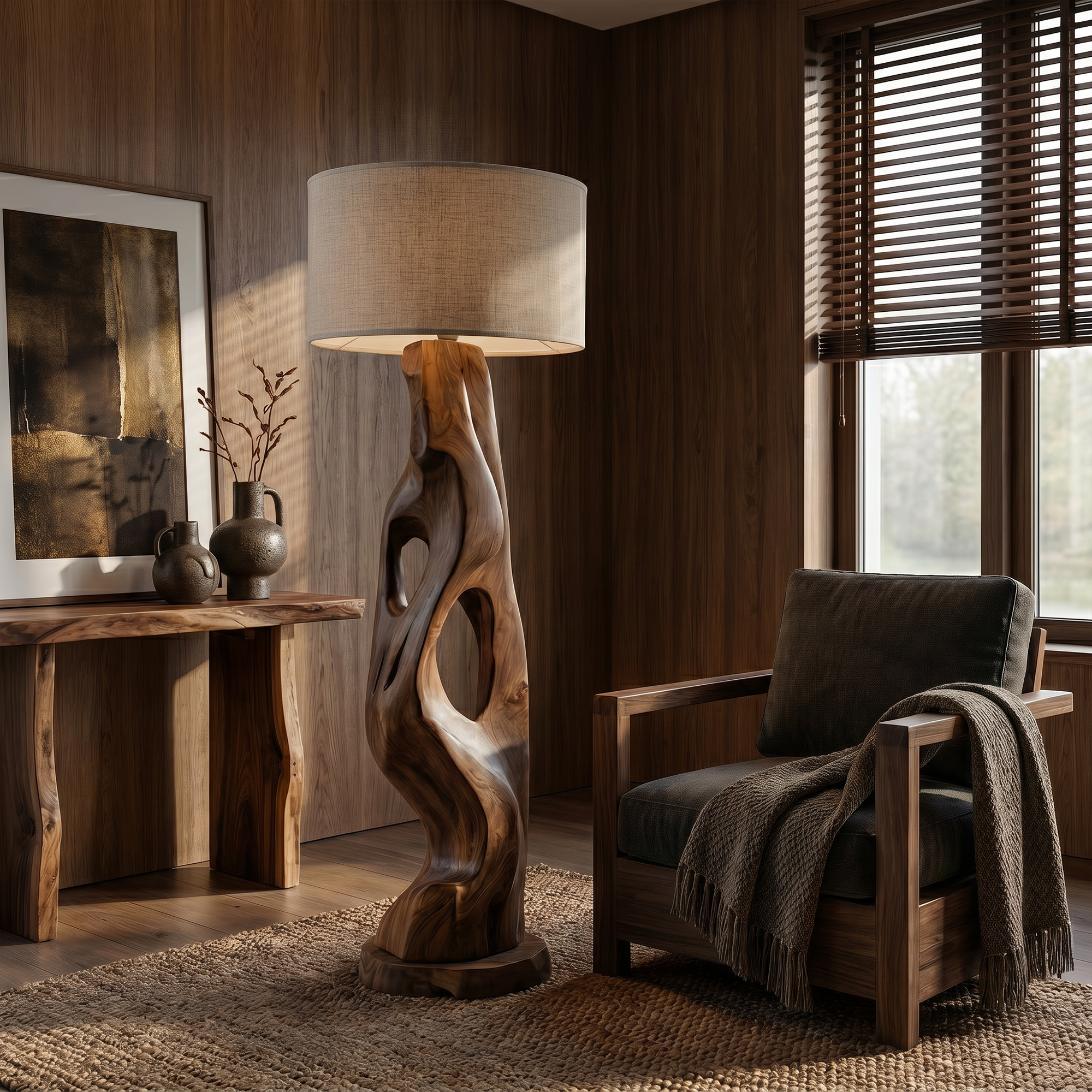 Organic Modern Standing Lamp With Artistic Solid Wood Base For Living Room SINLKIFLP090