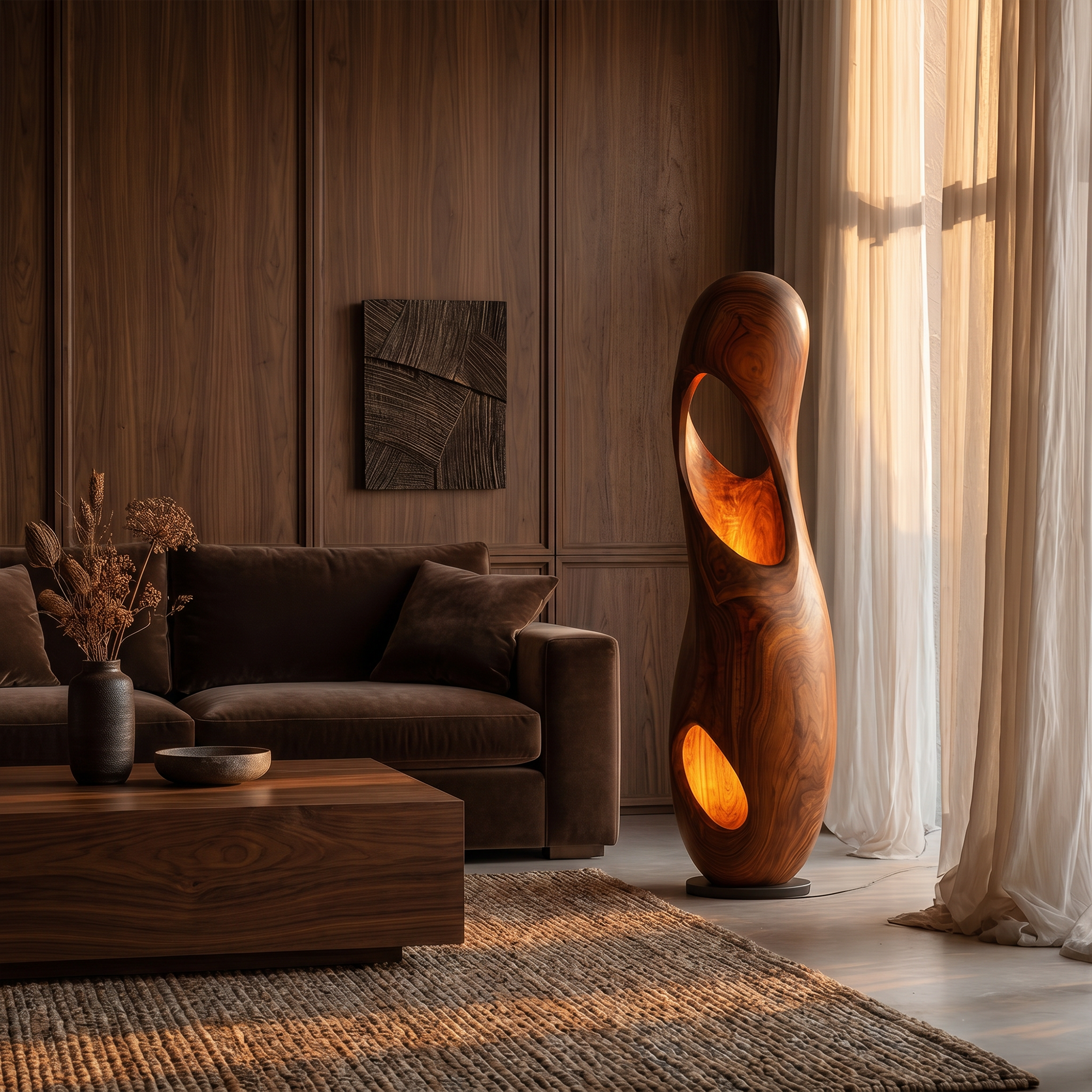Organic Floor Lamp With Sculptural Hollow Wood Tower Design For Living Room SINLKIFLP093