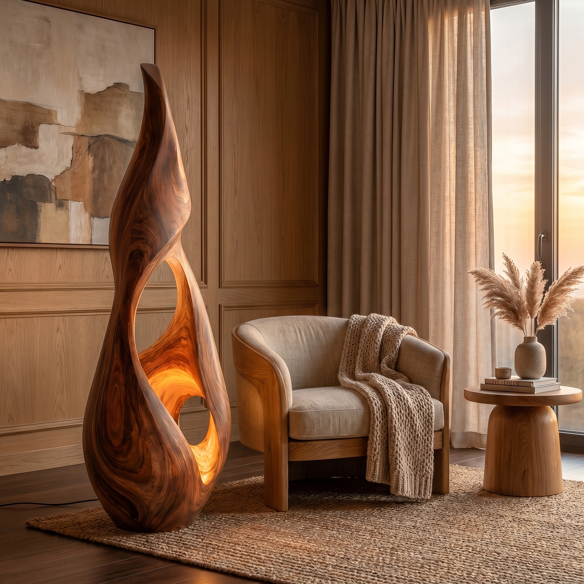 Nature Inspired Floor Lamp With Sculptural Solid Wood Form For Living Room SINLKIFLP094