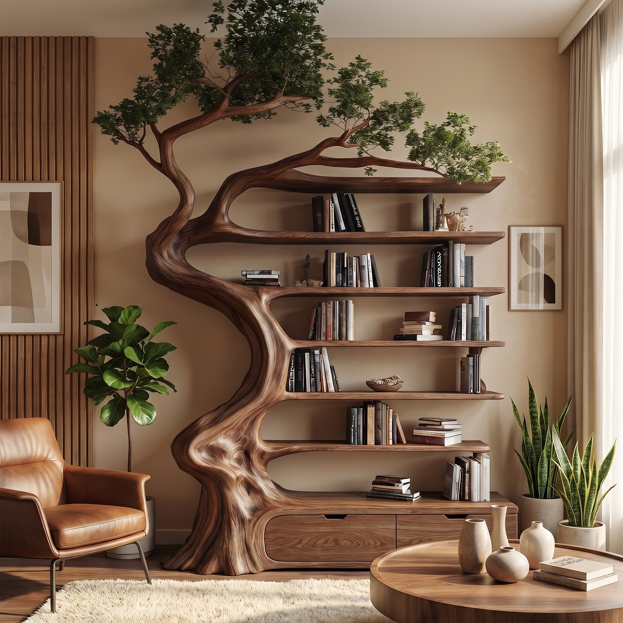 Rustic Tree Bookshelf With Storage Cabinet For Living Room SINLKITB724