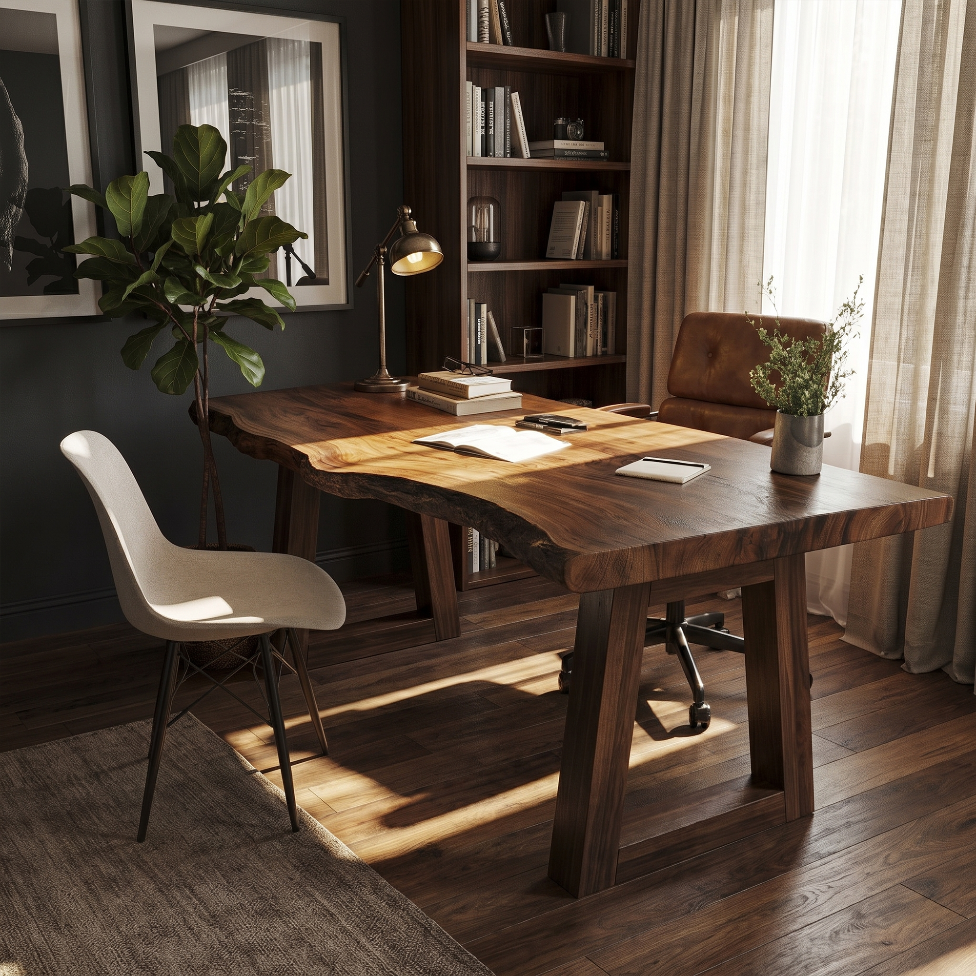 Modern Desk With Live Edge Solid Wood Top And Steel Base For Workspace SINLKIDK156
