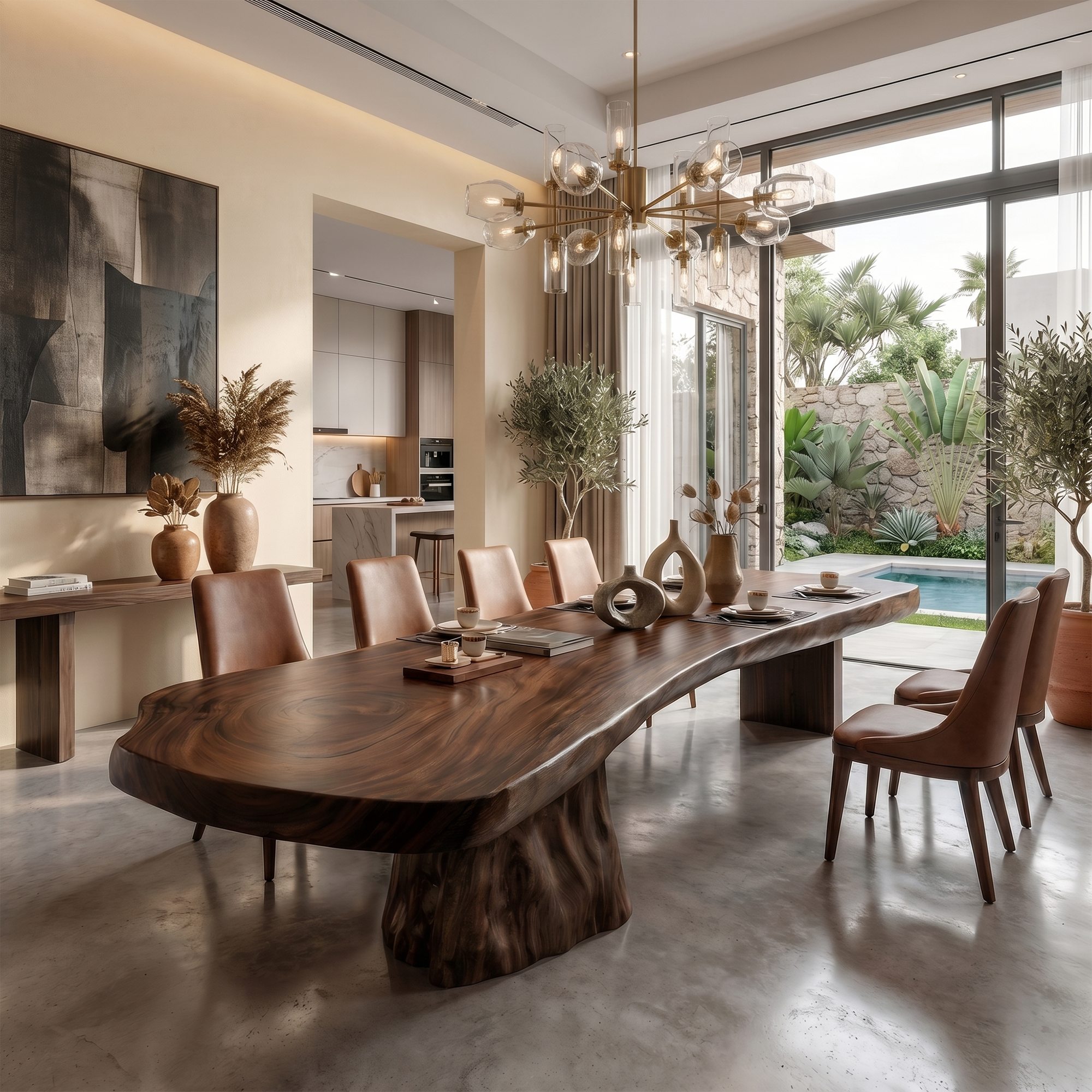 Organic Sculptural Dining Table With Live Edge Solid Wood Top And Pedestal Base For Dining Room SINLKIDT185