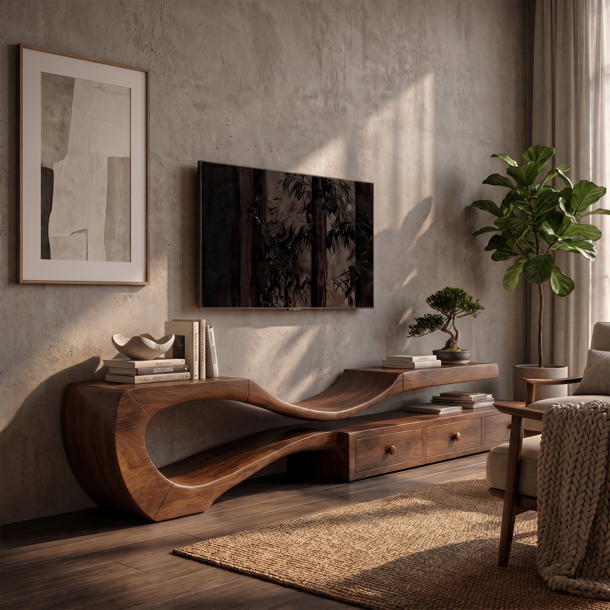 Modern TV Cabinet With Sculptural Curved Wood Base And Built In Storage Drawers For Living Room SINLKITC031