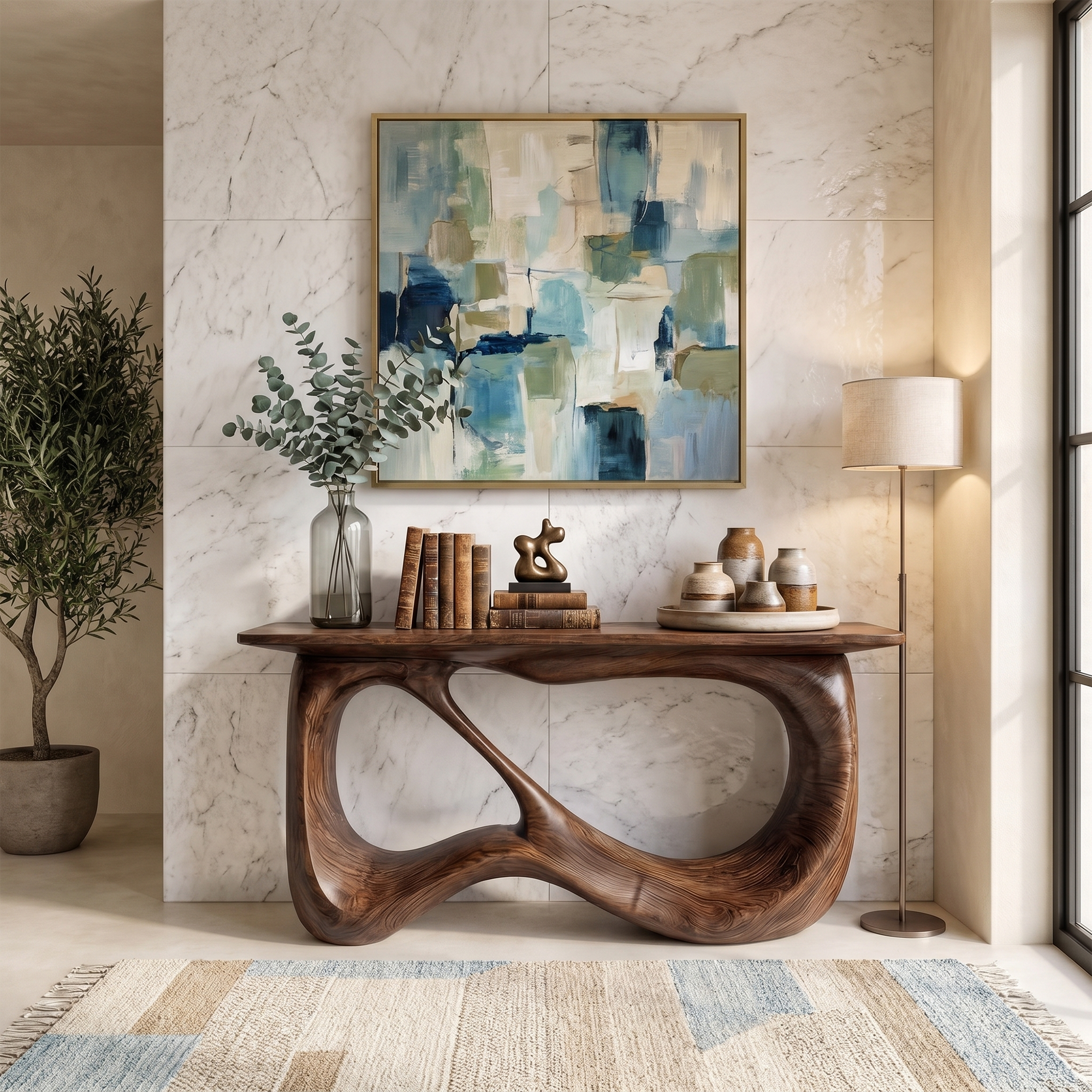 Minimalist Console Table With Flowing Loop Wood Base For Entryway SINLKICS600