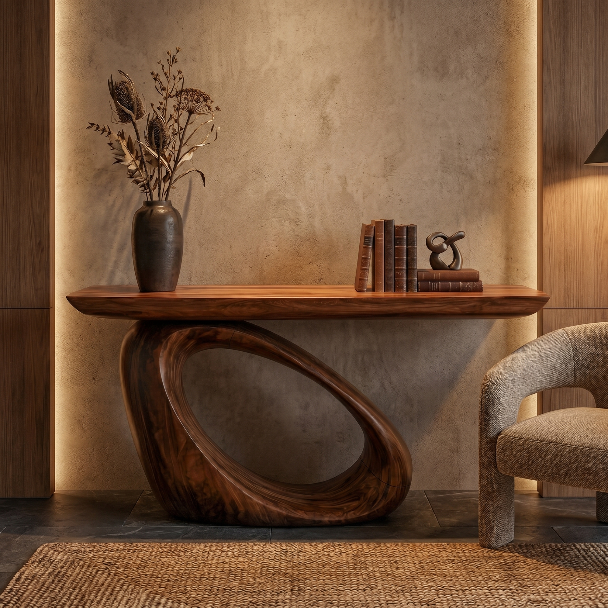 Modern Organic Console Table With Sculptural Loop Pedestal Wood Base For Entryway And Living Room SINLKICS595