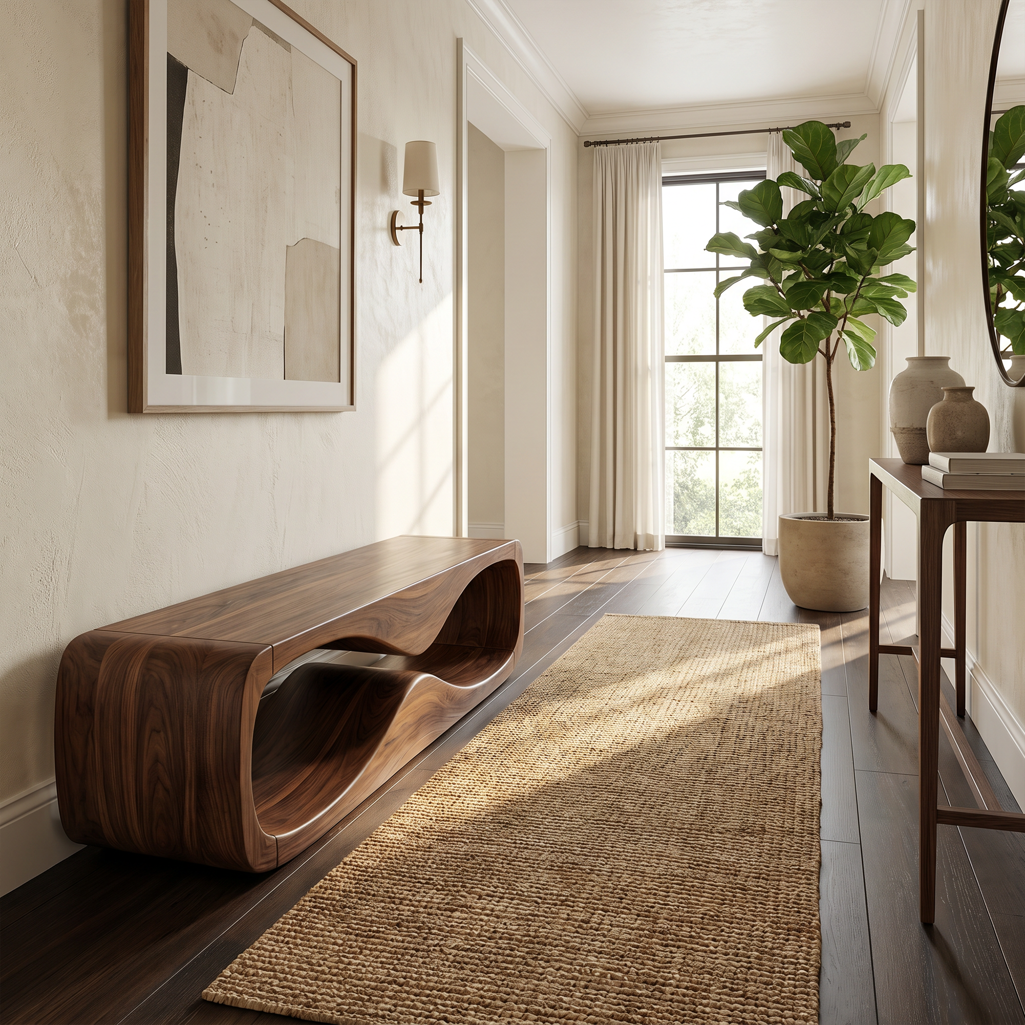 Modern Bench With Open Storage Shelf And Curved Wood Design For Entryway SINLKIRS120
