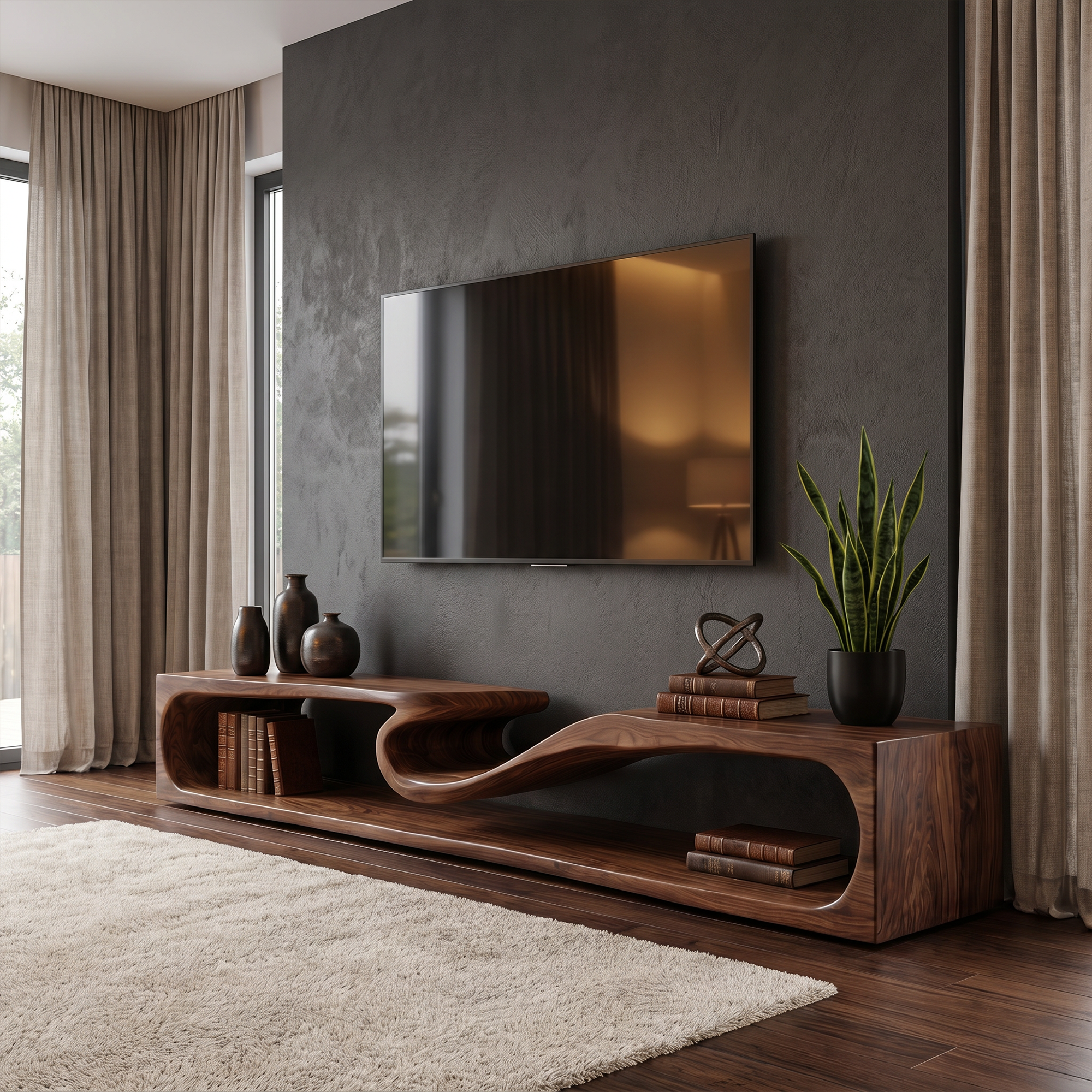 Minimalist TV Cabinet With Rounded Edge Wood Frame And Open Storage Design For Living Room SINLKITC034