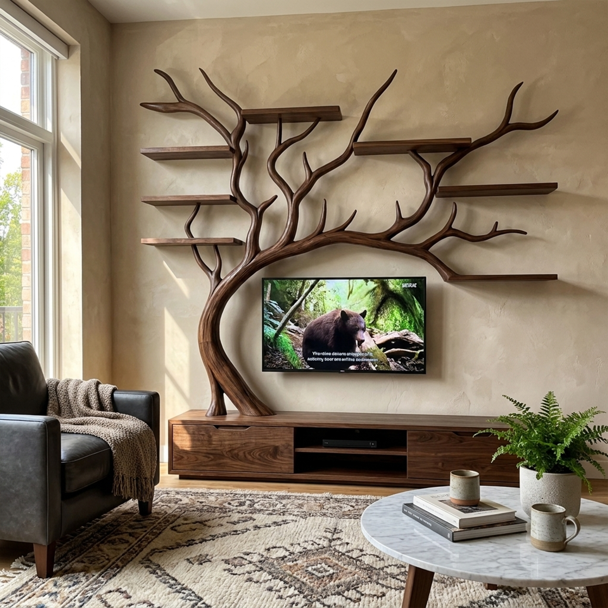 Rustic Tree TV Shelf Organic Home Decor SINLKITB554