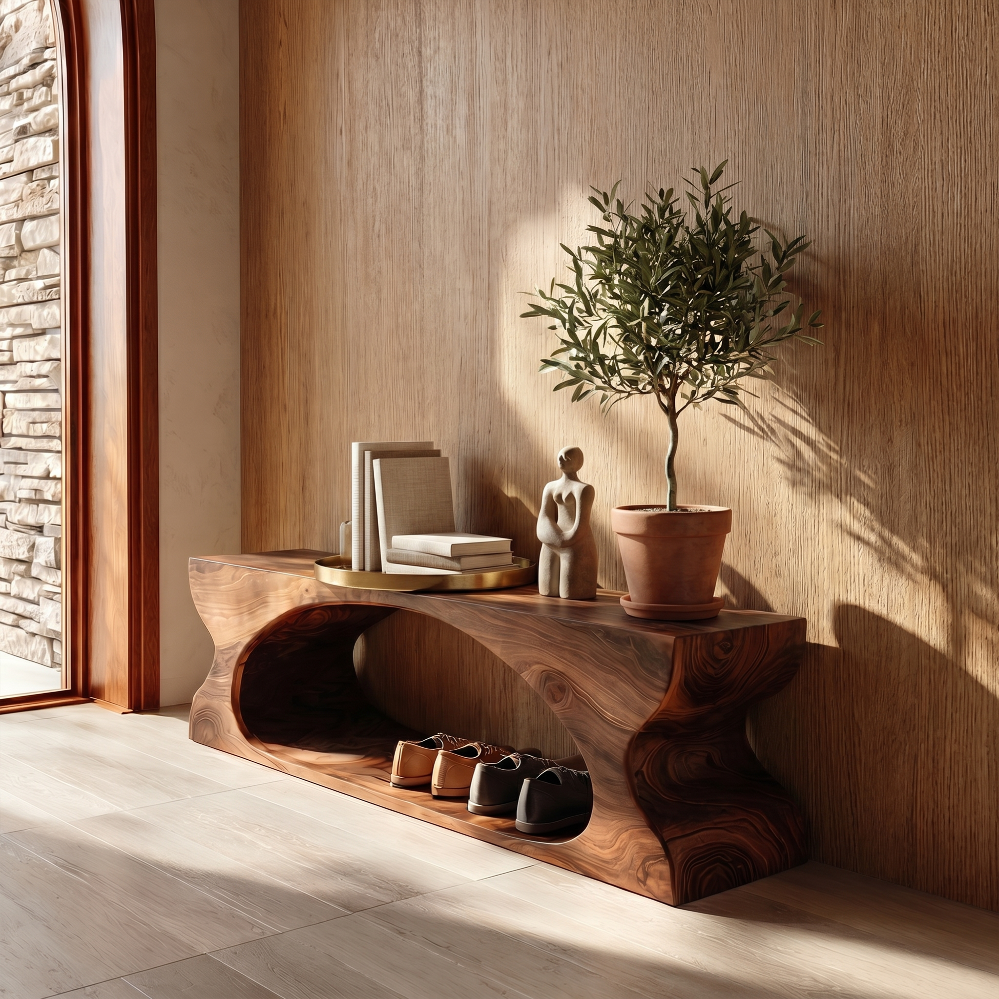 Modern Sculptural Wooden Bench With Organic Design For Entryway And Living Room SINLKIRS105