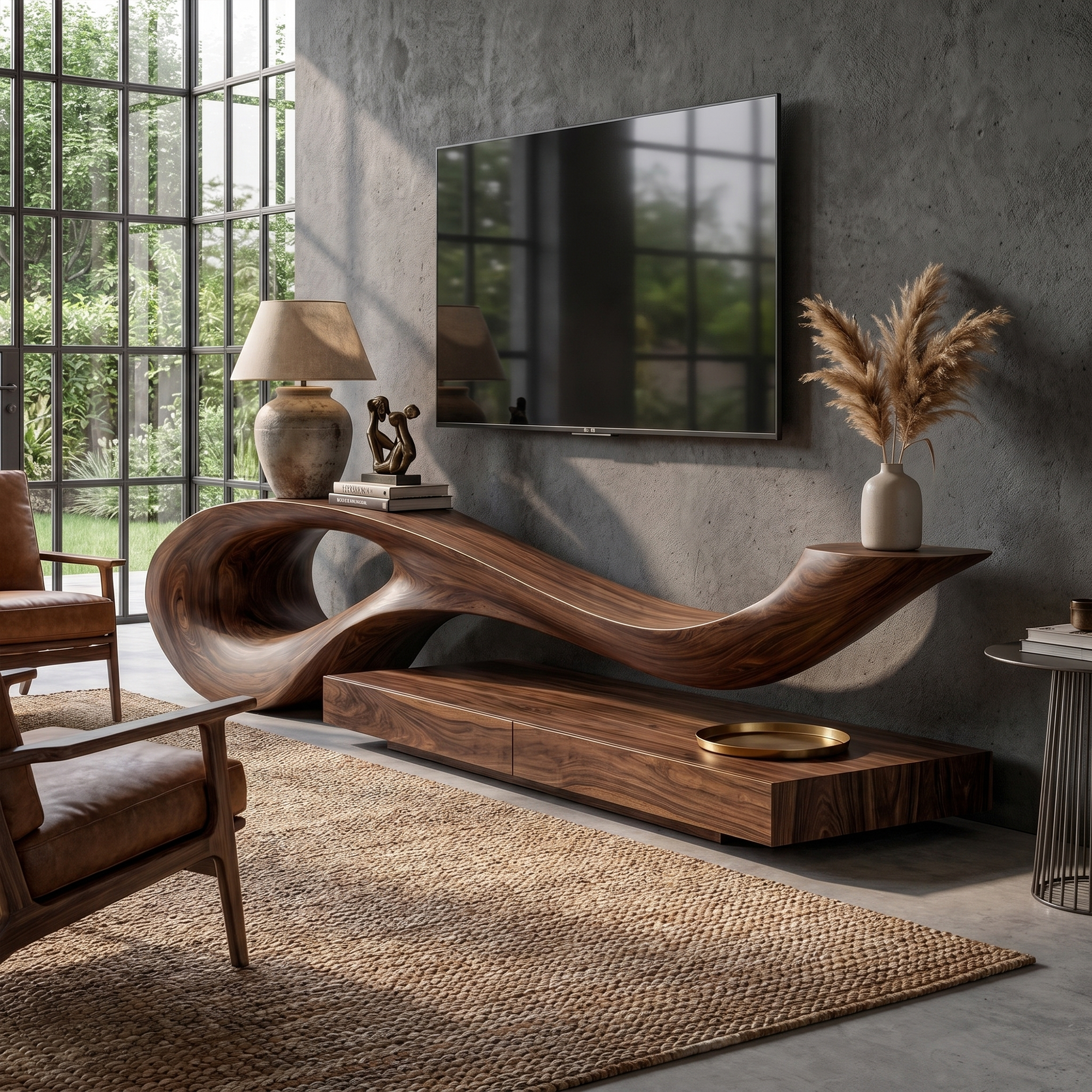 Sculptural TV Cabinet With Unique Flowing Curve Wood Base And Solid Wood Media Console For Living Room SINLKITC036