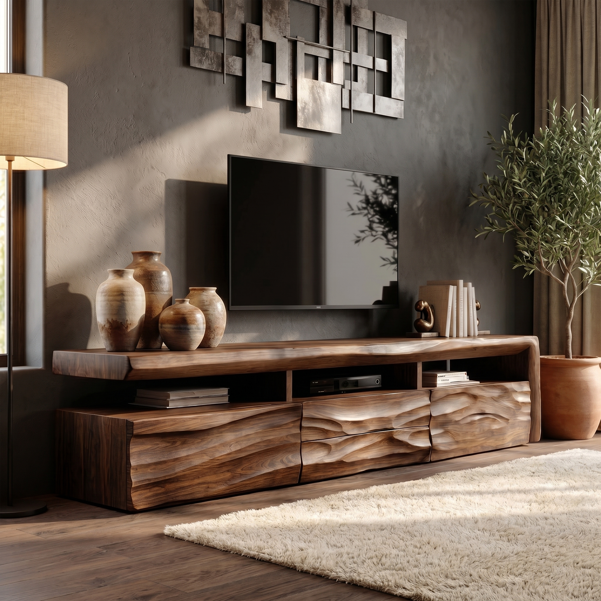 Organic TV Cabinet With Hand Carved Solid Wood Front And Open Media Storage For Living Room SINLKITC048