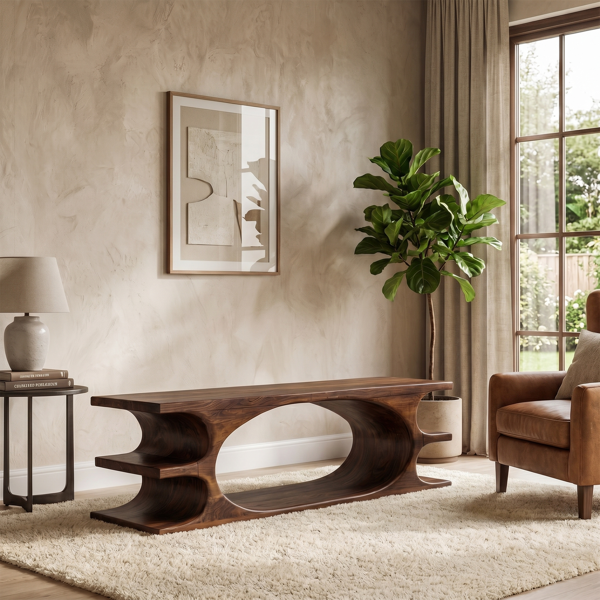 Organic Sculptural Wooden Bench With Flowing Curved Base For Living Room And Entryway SINLKIRS106