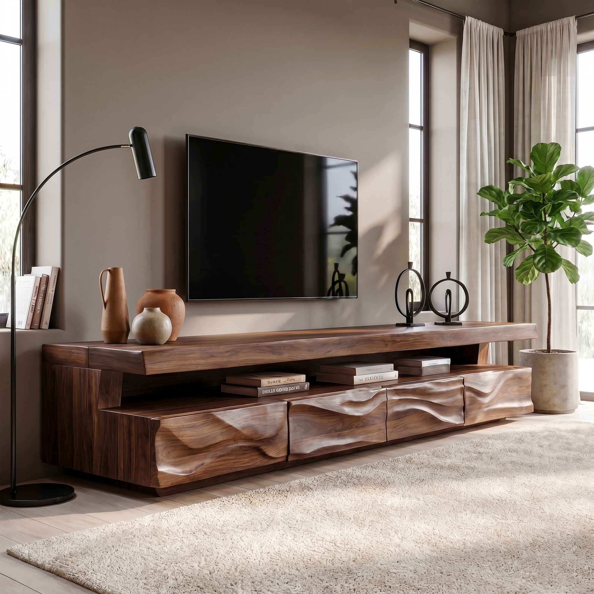 Modern TV Stand With Hand Carved Solid Wood Front And Media Storage For Living Room SINLKITC049