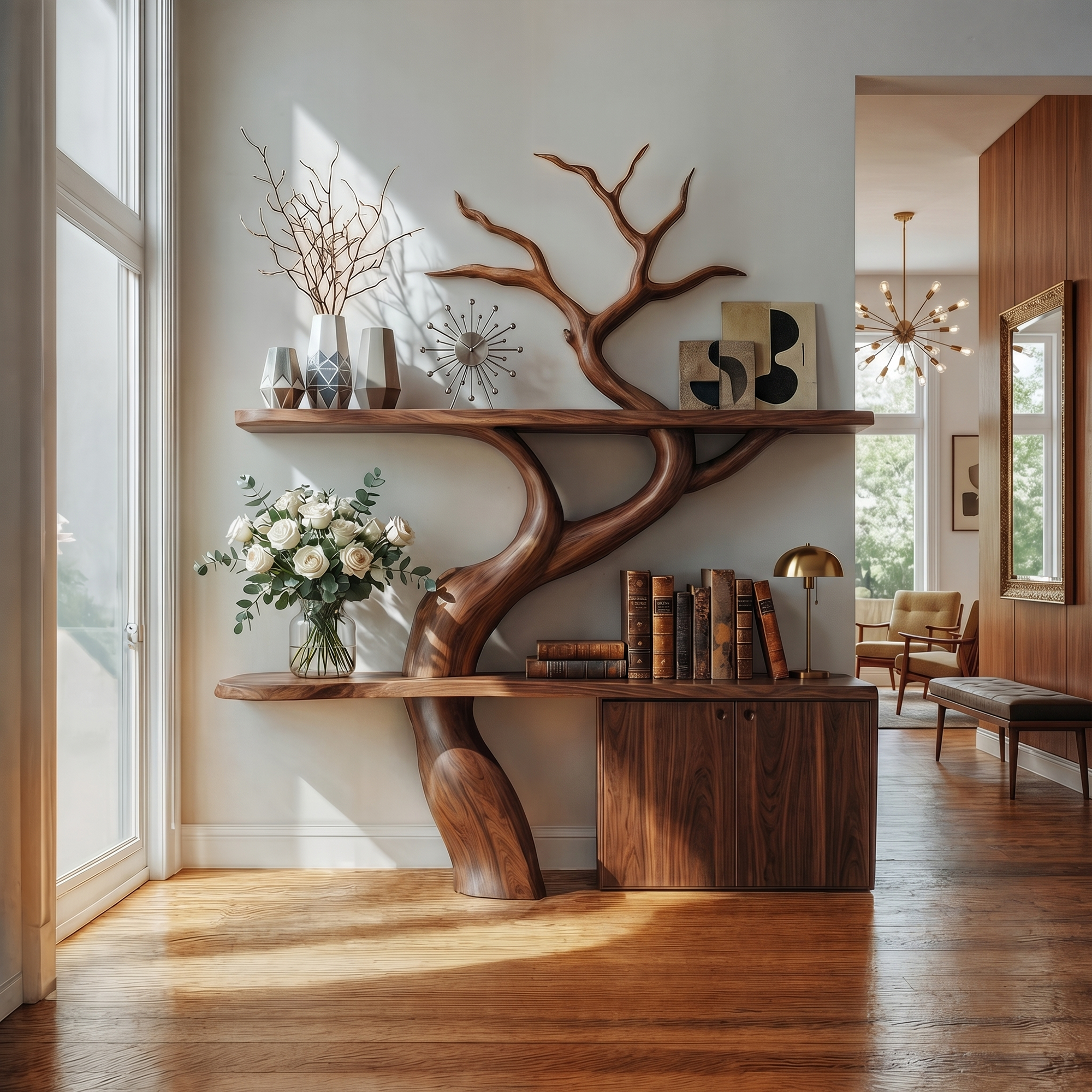 Rustic Tree Branch Bookshelf With Storage Cabinet For Living Room And Bedroom Space SINLKITB714