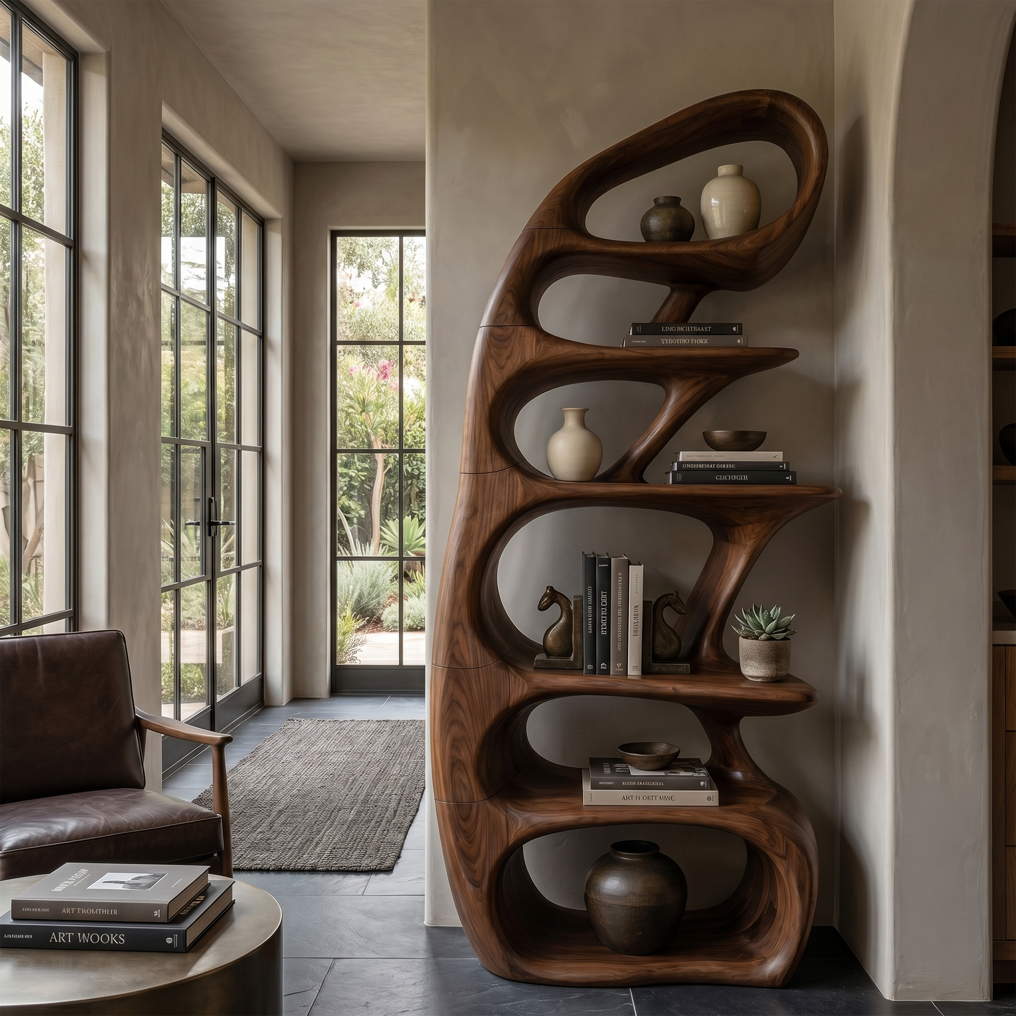 Sculptural Bookshelf With Tree Inspired Curved Shelves And Solid Wood Frame For Living Room SINLKIBS033