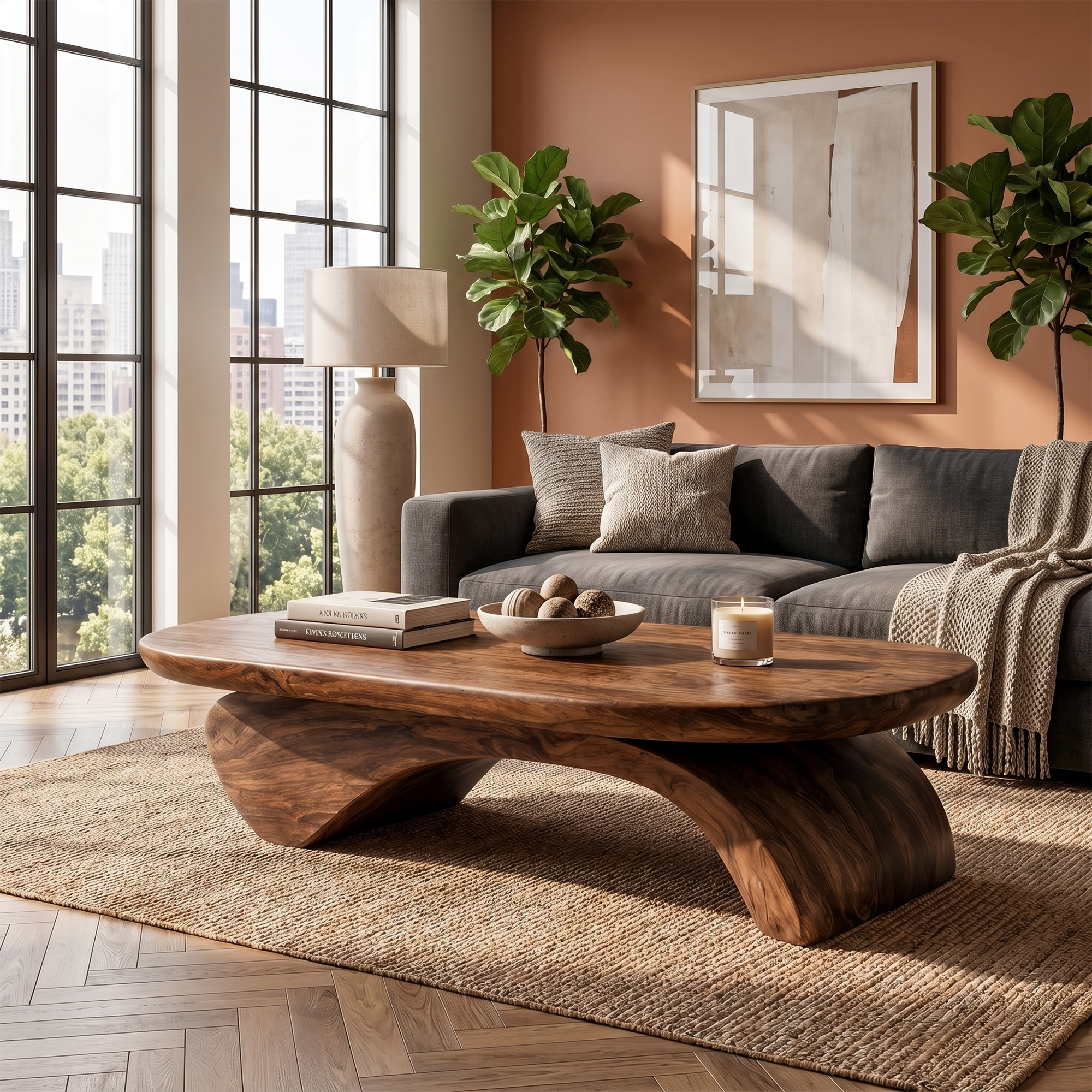 Rustic Live Edge Coffee Table With Artistic Curved Wood Pedestal For Living Room SINLKICF374