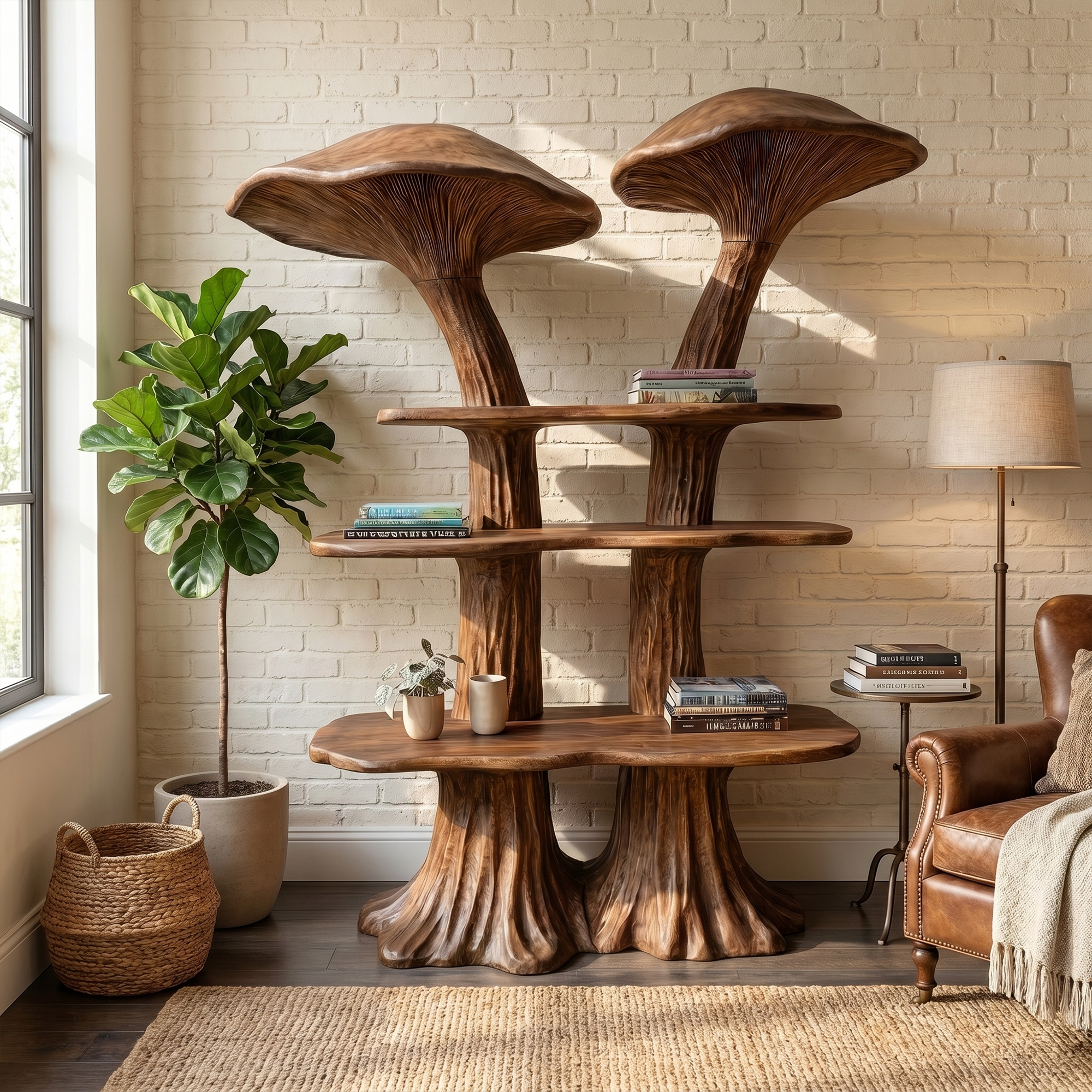 Rustic Mushroom Bookshelf With Handcrafted Solid Wood Shelves For Living Room SINLKITB741