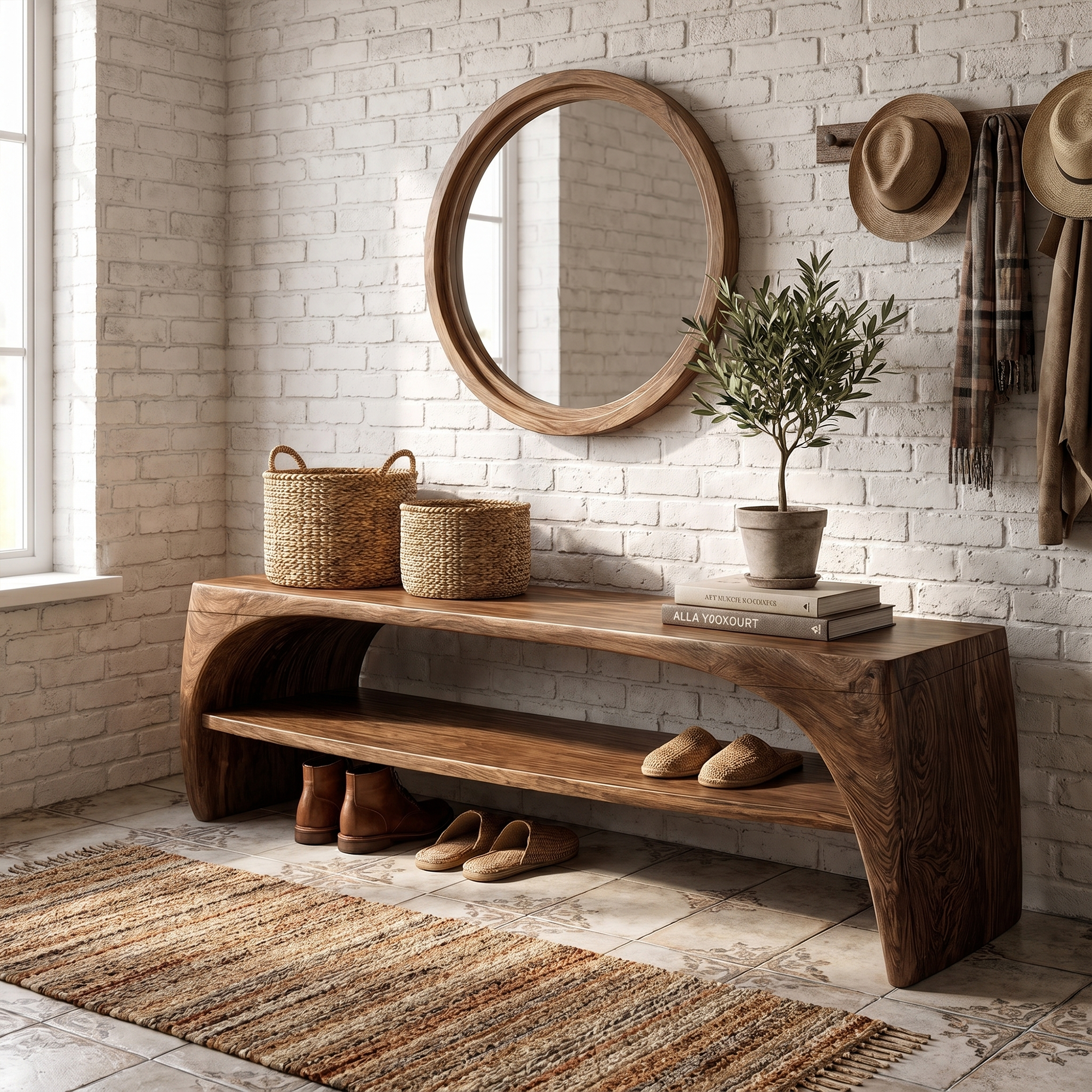 Rustic Live Edge Bench With Open Shoe Storage Shelf For Entryway SINLKIRS113