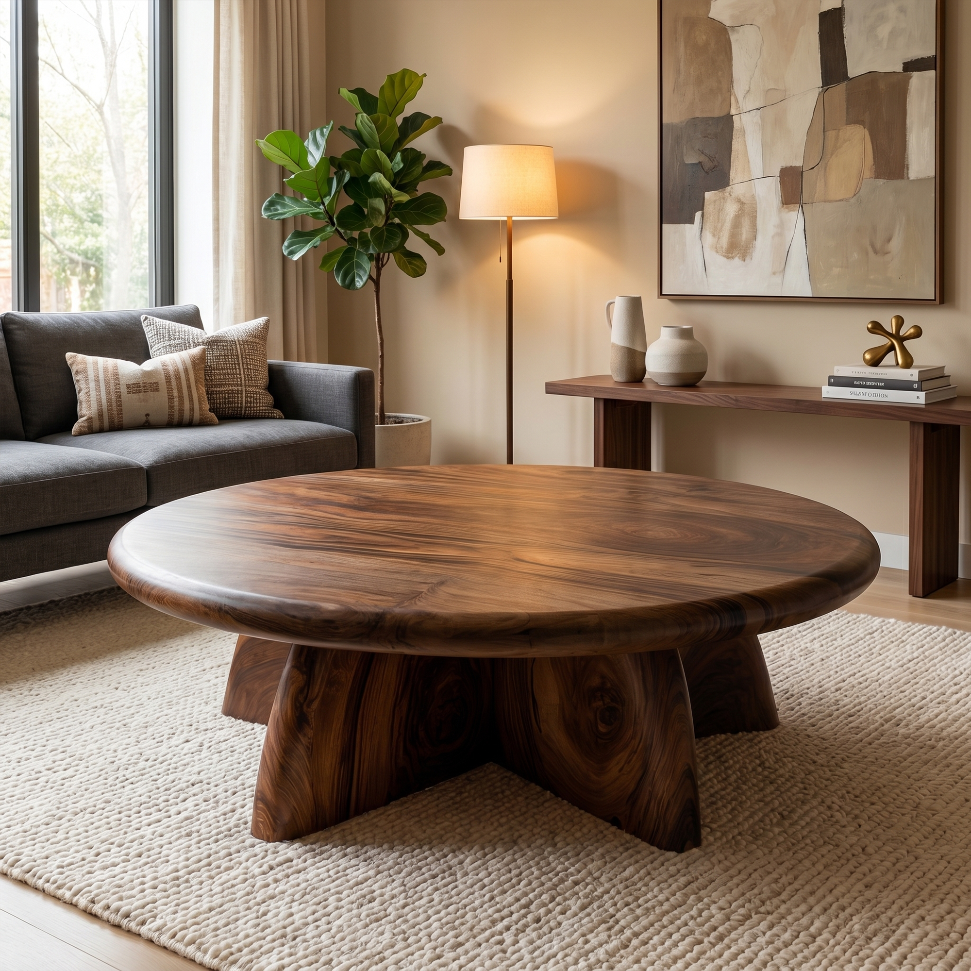 Rustic Coffee Table With Solid Wood Stump Base For Living Room SINLKICF377