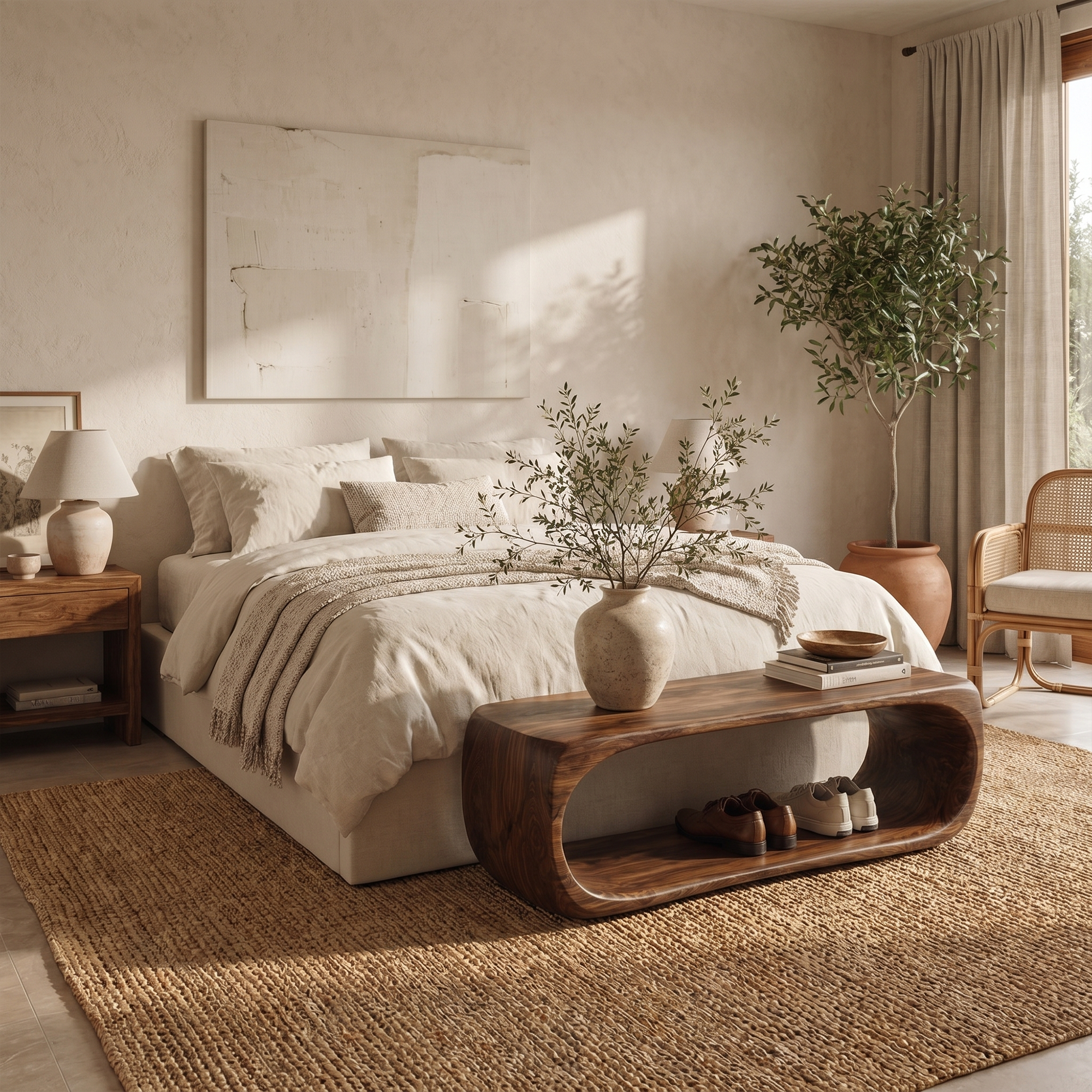 Organic Bench With Sculptural Curved Base And Open Storage Shelf For Entryway SINLKIRS114