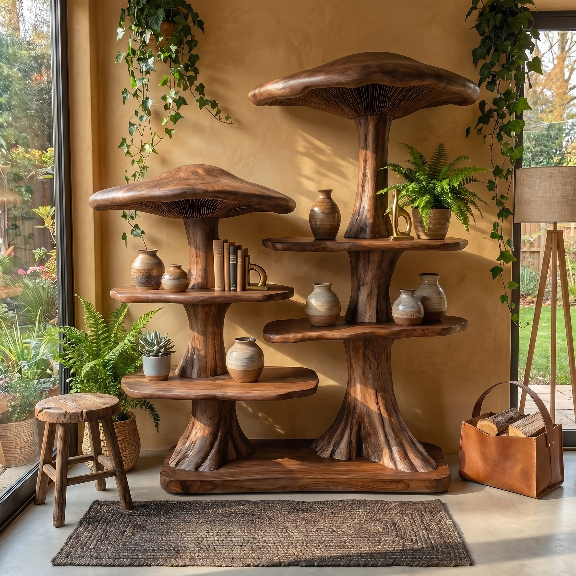 Mushroom Tree Bookshelf With Handcrafted Solid Wood Structure For Reading Corner SINLKITB744