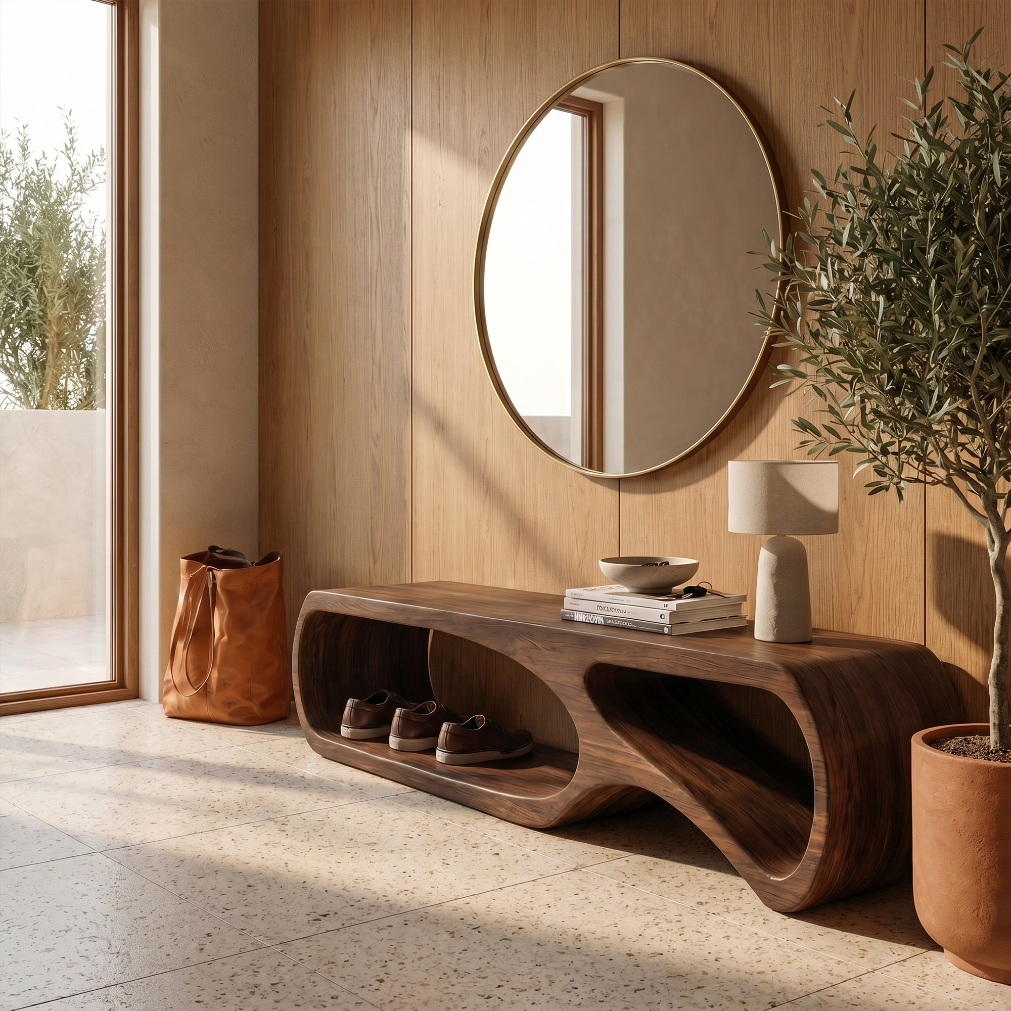 Sculptural Bench With Curved Open Storage Base For Entryway SINLKIRS115