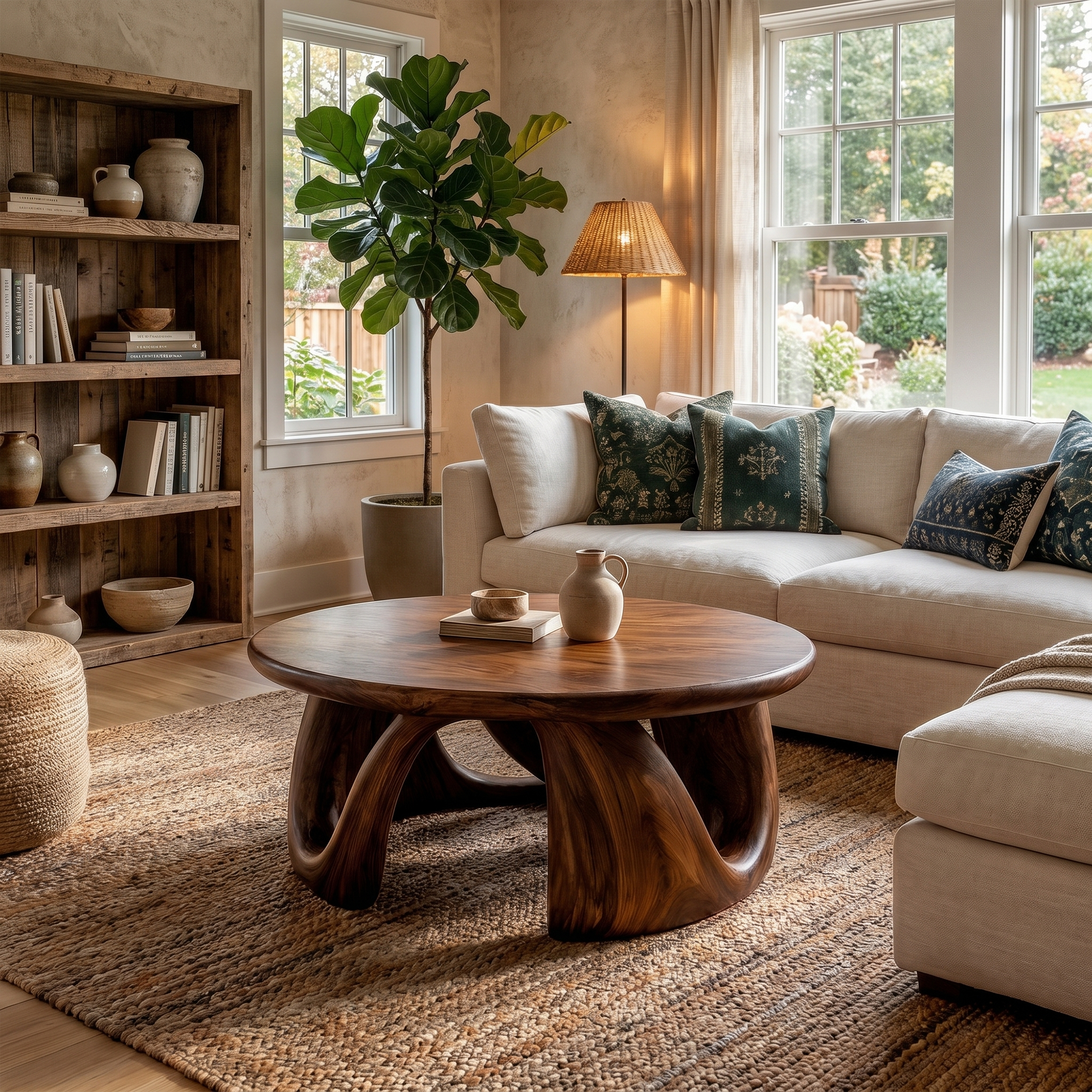 Organic Modern Coffee Table With Round Wood Top And Artistic Curved Base For Living Room SINLKICF379