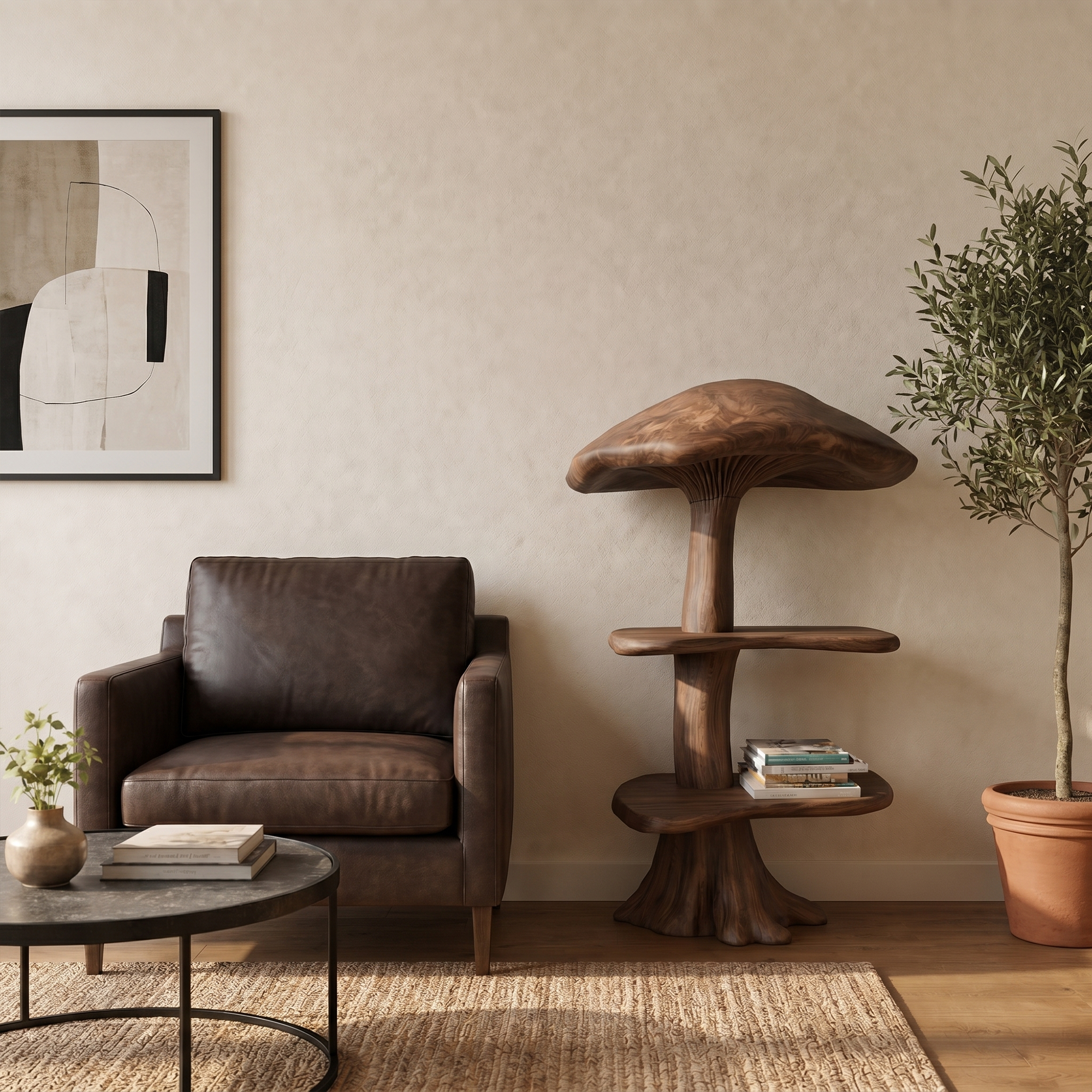Organic Mushroom Display Bookshelf With Solid Wood Shelving For Living Room SINLKITB746
