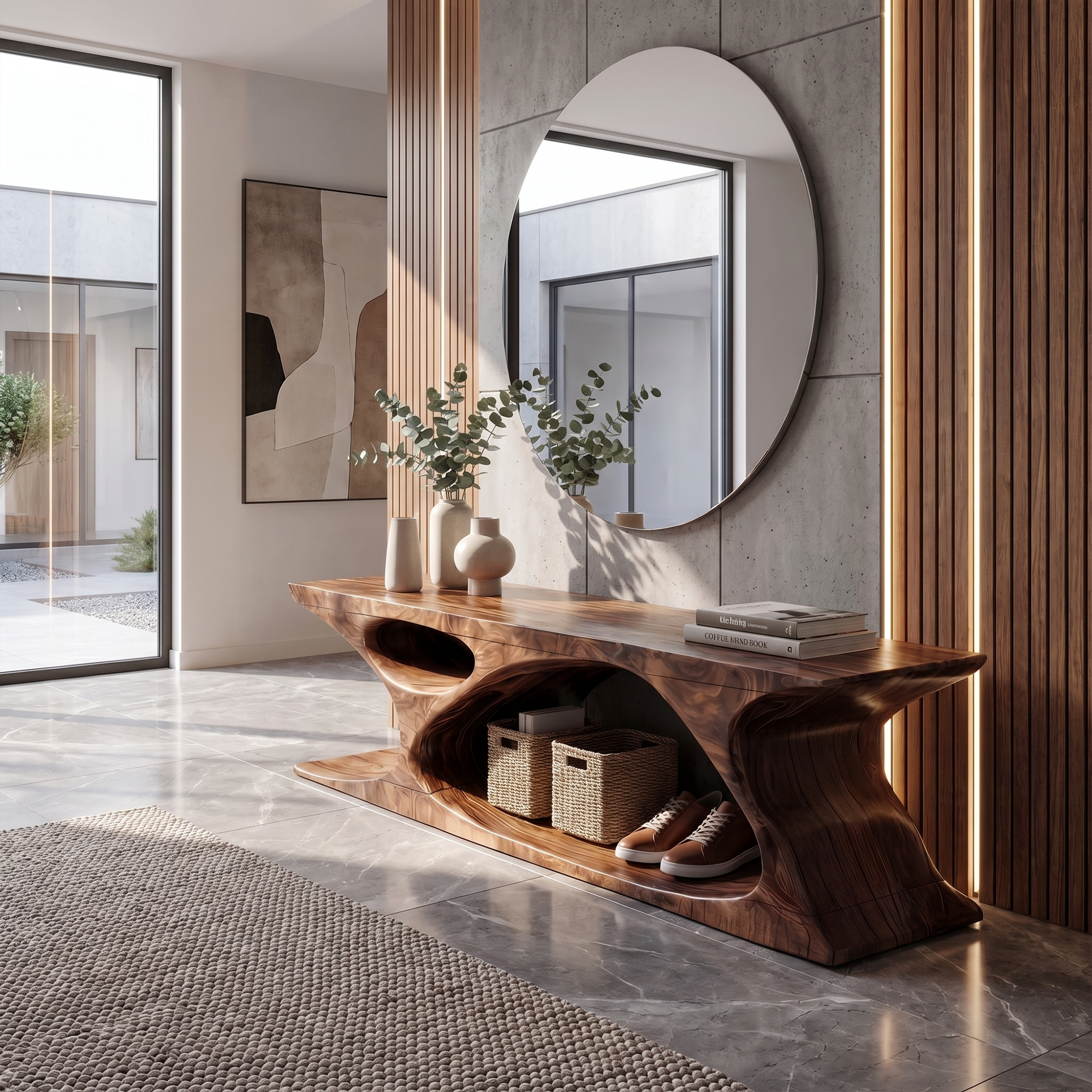 Modern Bench With Sculptural Open Base And Built In Shoe Storage For Entryway SINLKIRS117