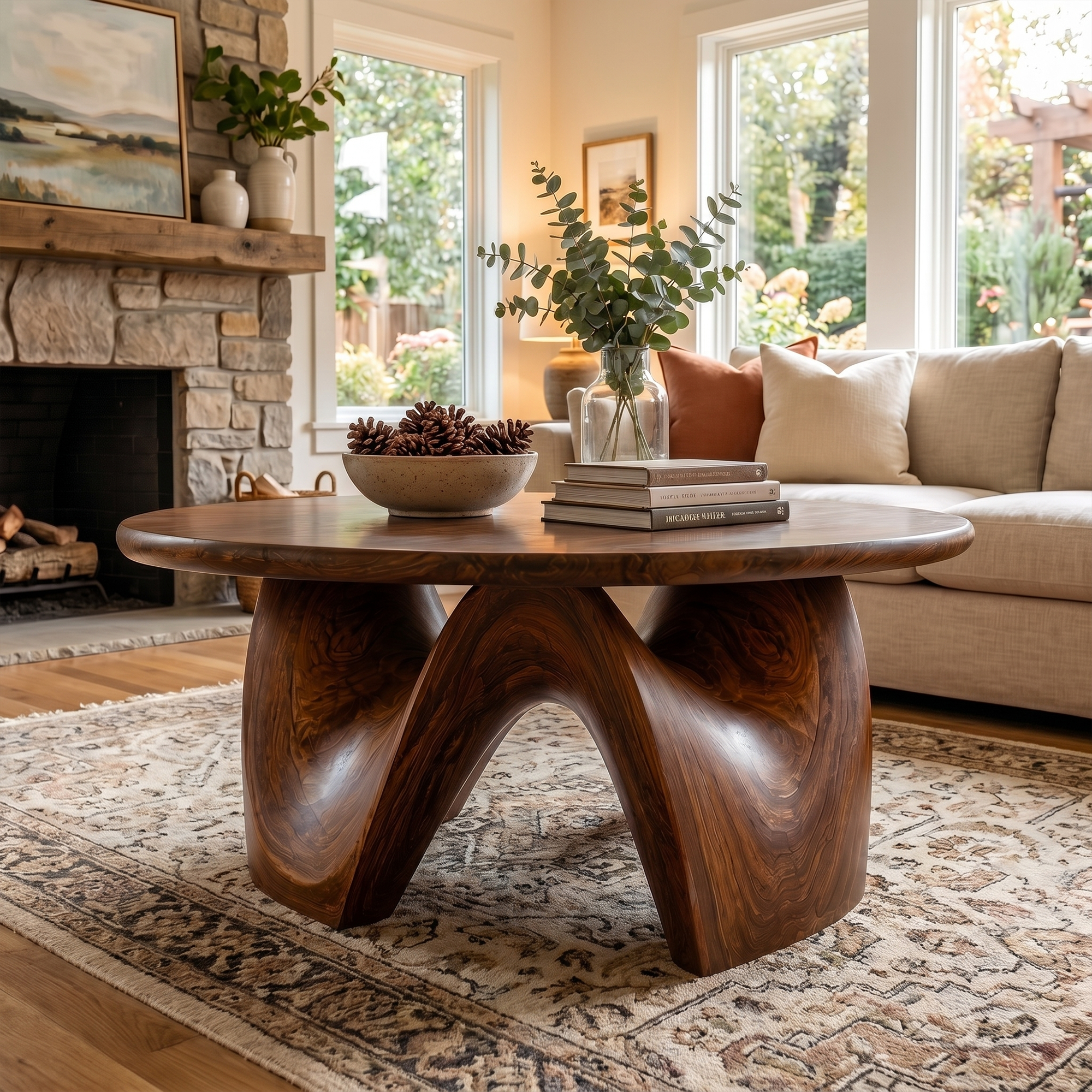 Rustic Coffee Table With Sculptural Solid Wood Base And Round Live Edge Top For Living Room SINLKICF381