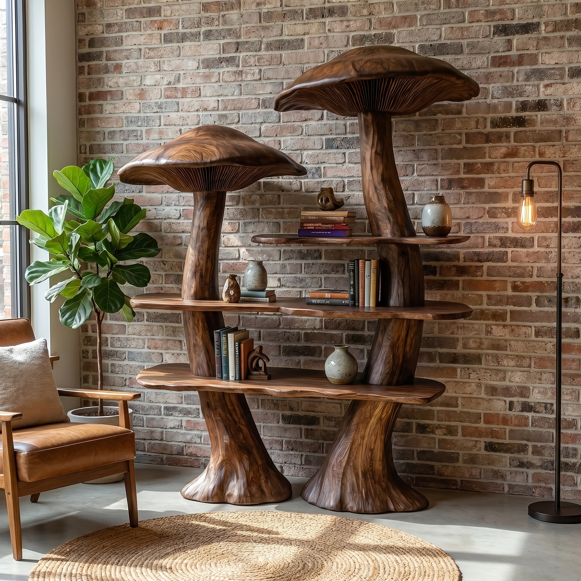 Rustic Mushroom Bookshelf With Tree Trunk Base And Solid Wood Shelves For Living Room SINLKITB748