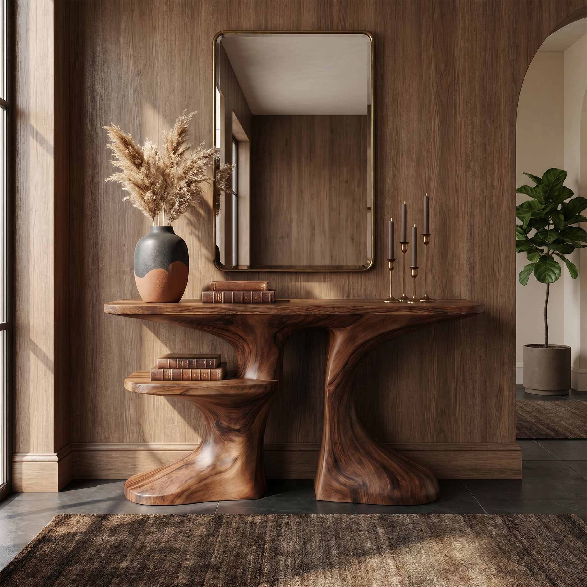Organic Console Table With Live Edge Countertop And Sculptural Solid Wood Base For Entryway SINLKICS604