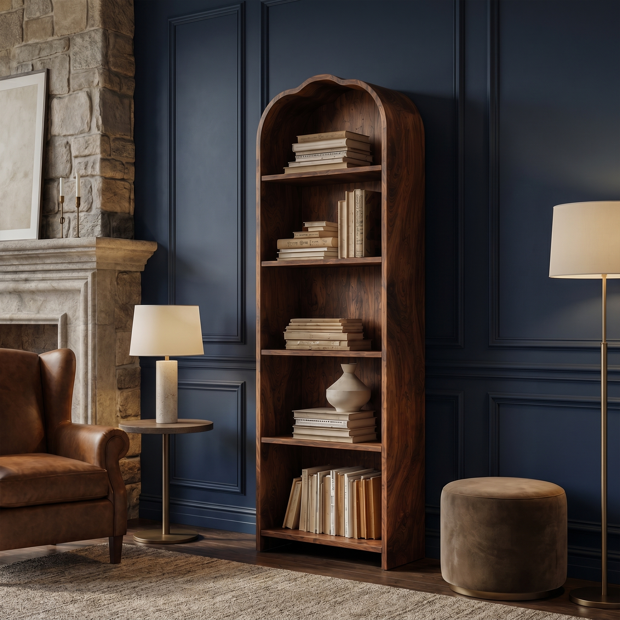 Rustic Arched Bookshelf With Solid Wood Frame And Open Display Shelves For Living Room SINLKIBS034