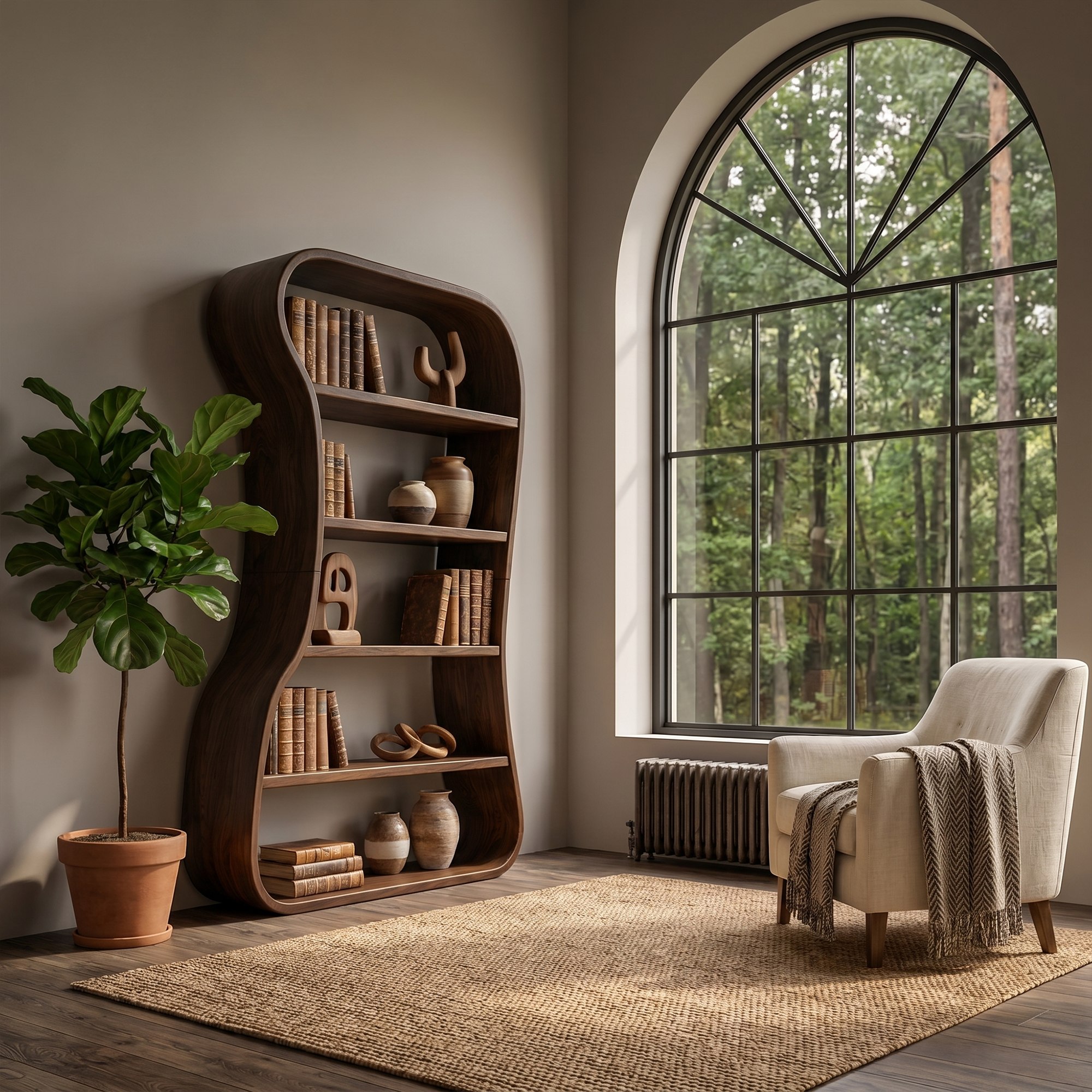 Organic Bookshelf With Sculptural Curved Solid Wood Shelves For Living Room SINLKIBS035