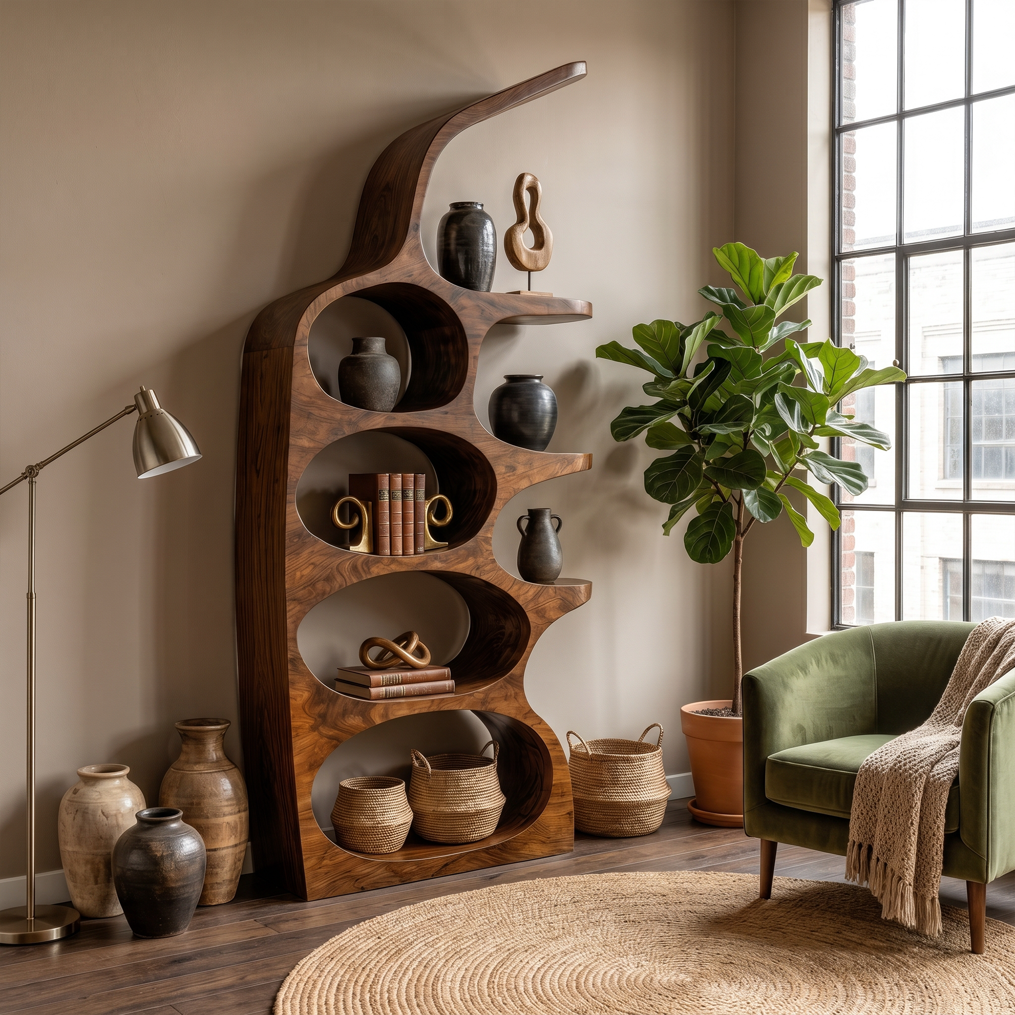 Modern Sculptural Bookshelf With Curved Open Shelves And Solid Wood Design For Living Room SINLKIBS036