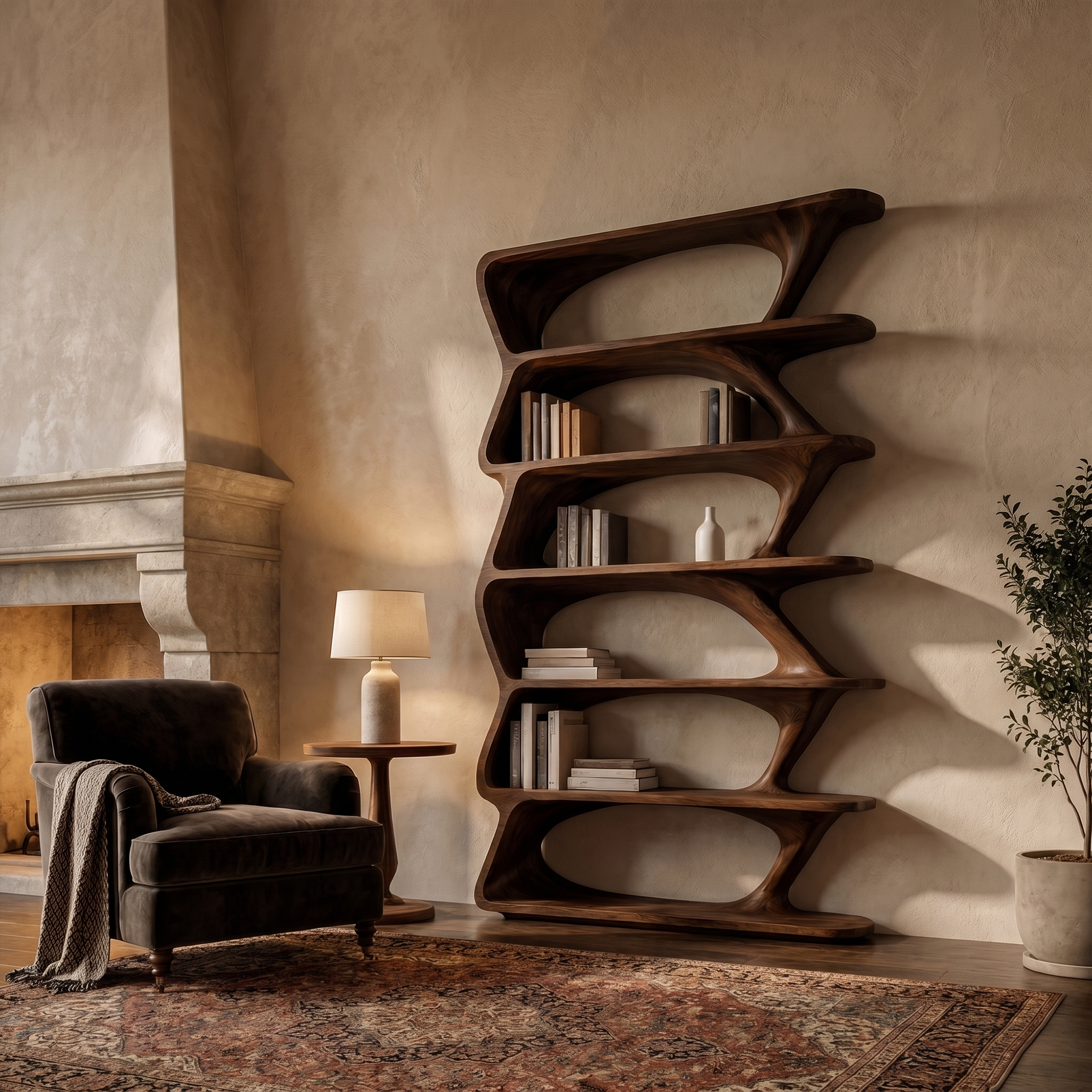 Modern Organic Bookshelf With Sculptural Asymmetrical Shelves And Solid Wood Frame For Living Room SINLKIBS038