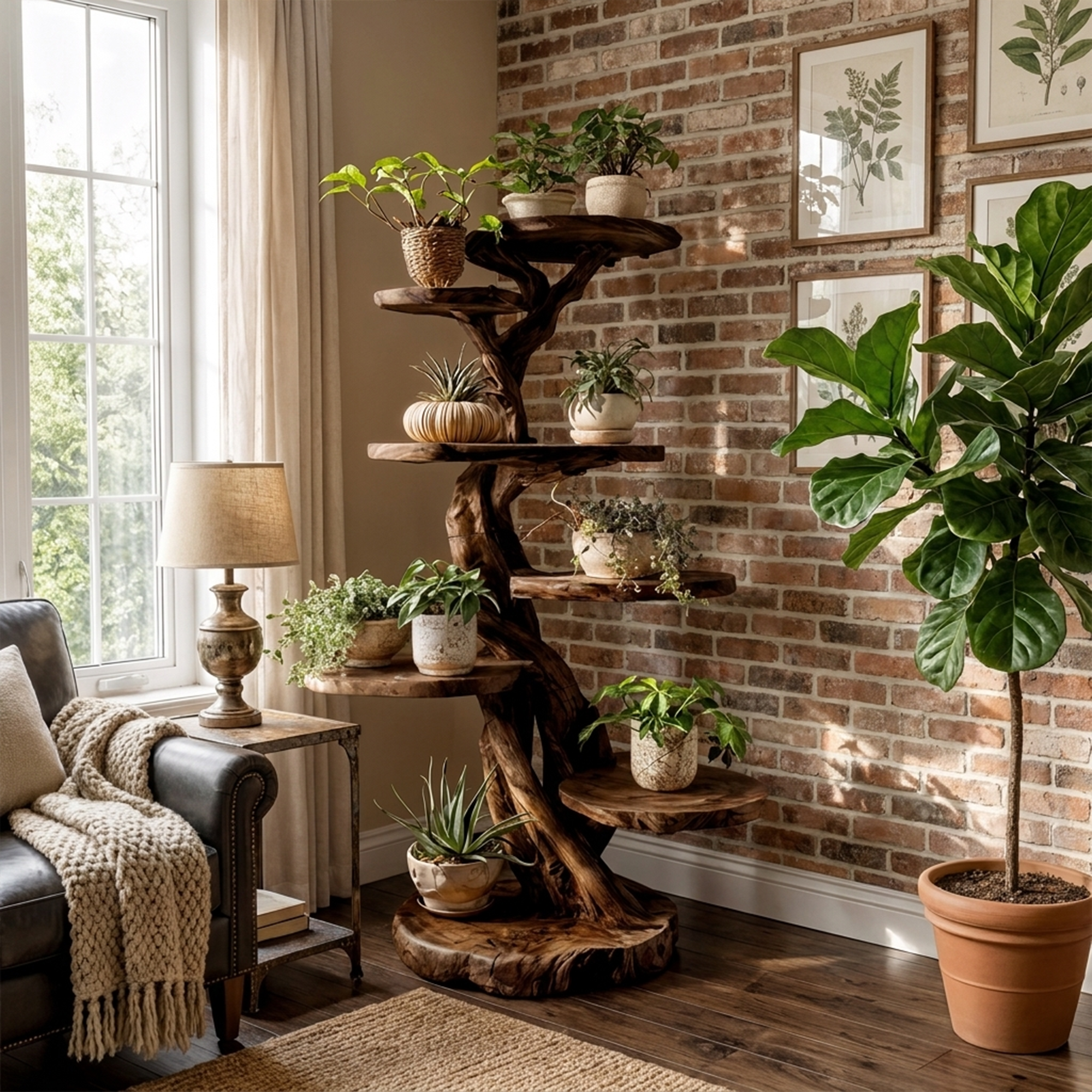 Rustic Tree Plant Shelf Natural Interior Design Home Decor SINLKITT079