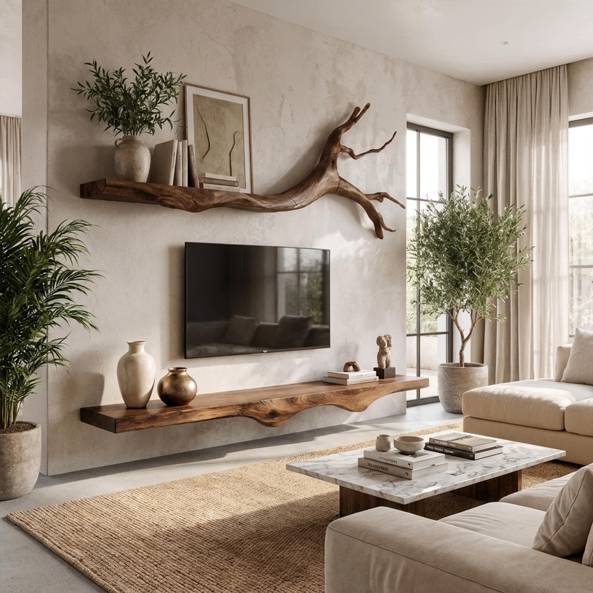 Set 2 Pieces Rustic Floating Wall TV Console Solid Wood Bedroom Living SINLKIFL189