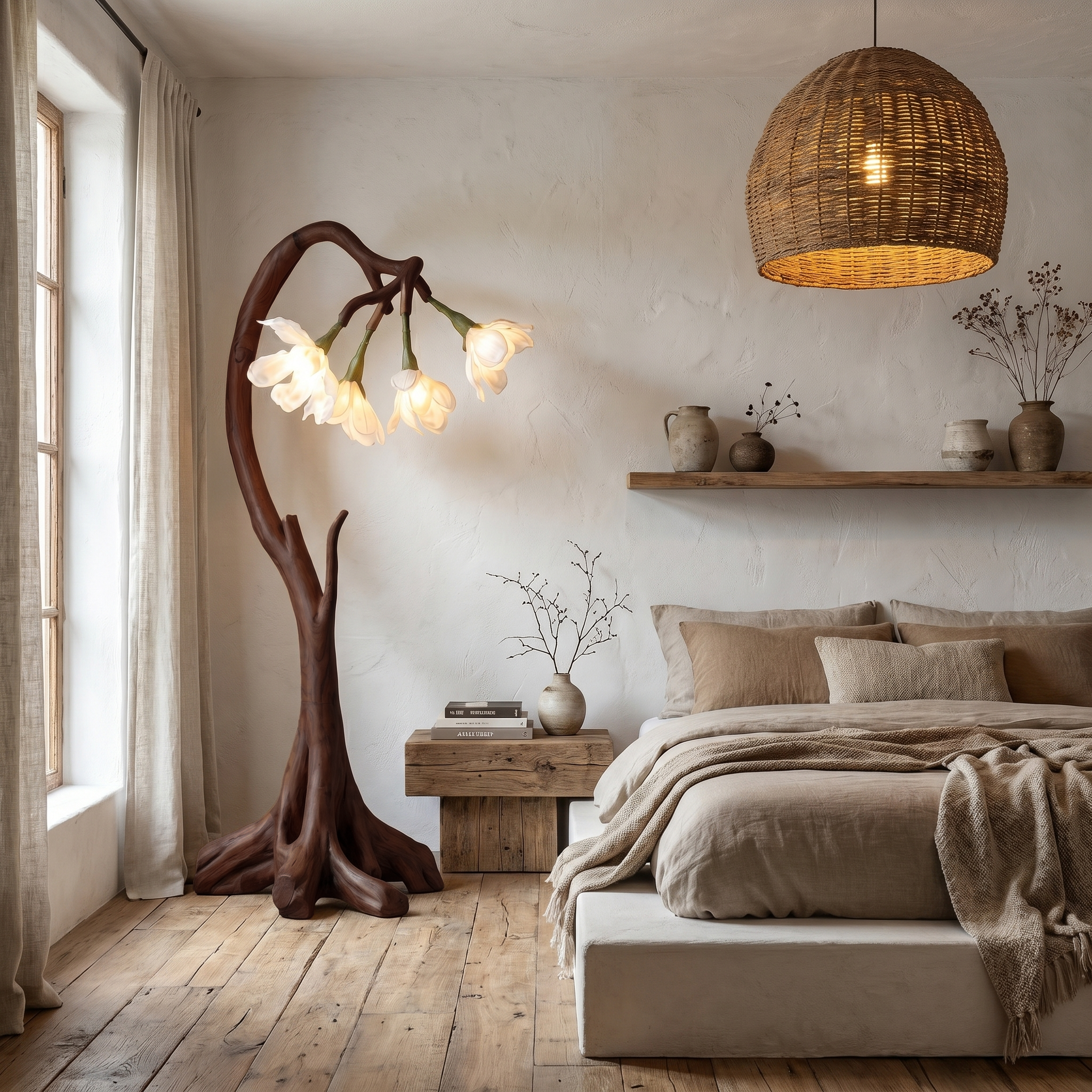 Bloom Floor Lamp With Sculptural Wooden Stand For Living Room And Bedroom SINLSAFLP072