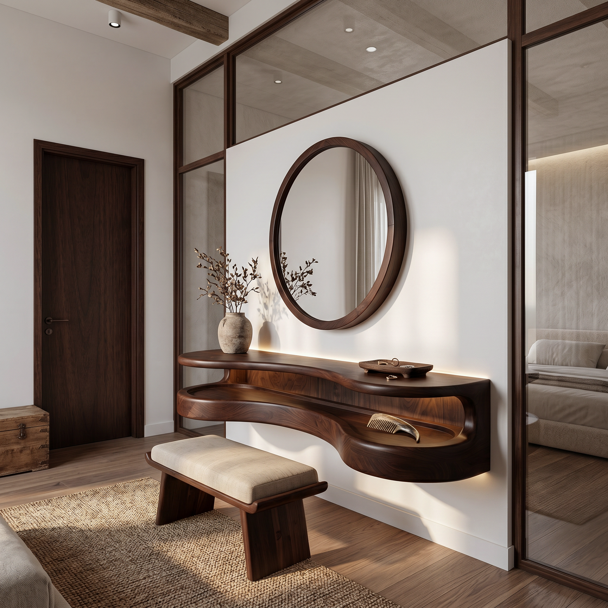 Organic Floating Vanity Desk With Rounded Wood Shelf For Bedroom SINLSABDT071