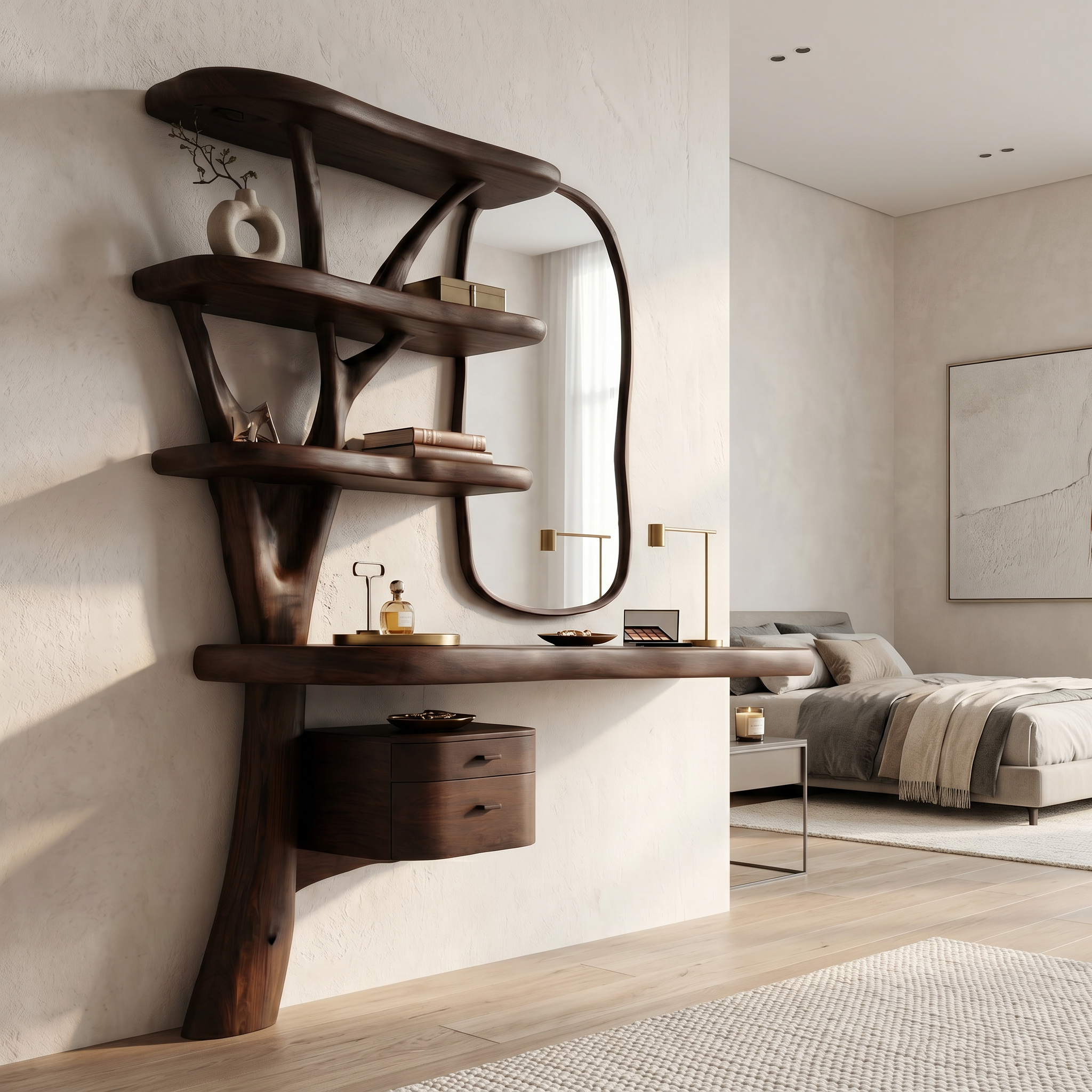 Sculptural Tree Vanity Desk With Curved Wood Shelves For Bedroom SINLSABDT075