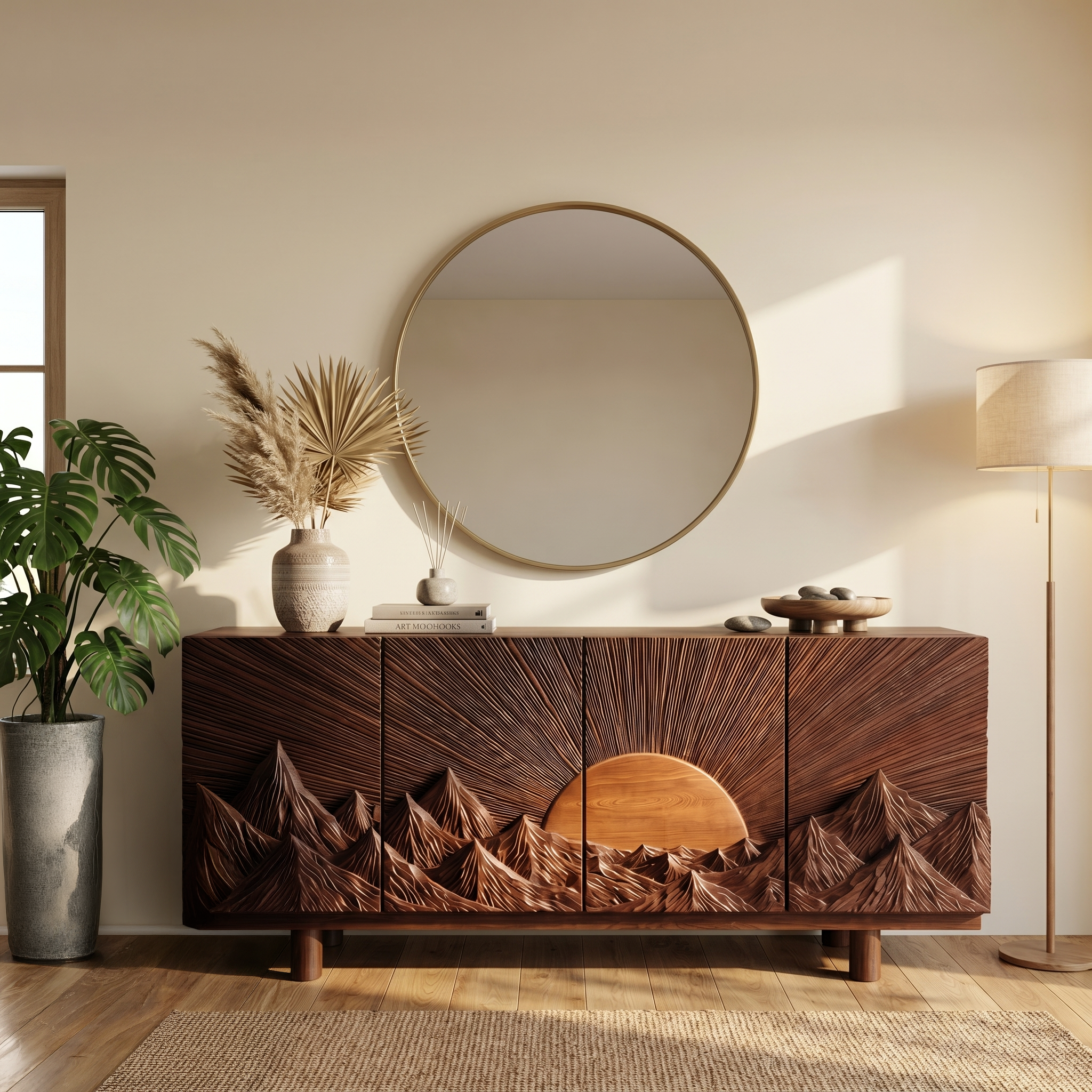 Rustic Mountain Sunrise Storage Cabinet With Carved Wood Doors For Living Room SINLSASC516