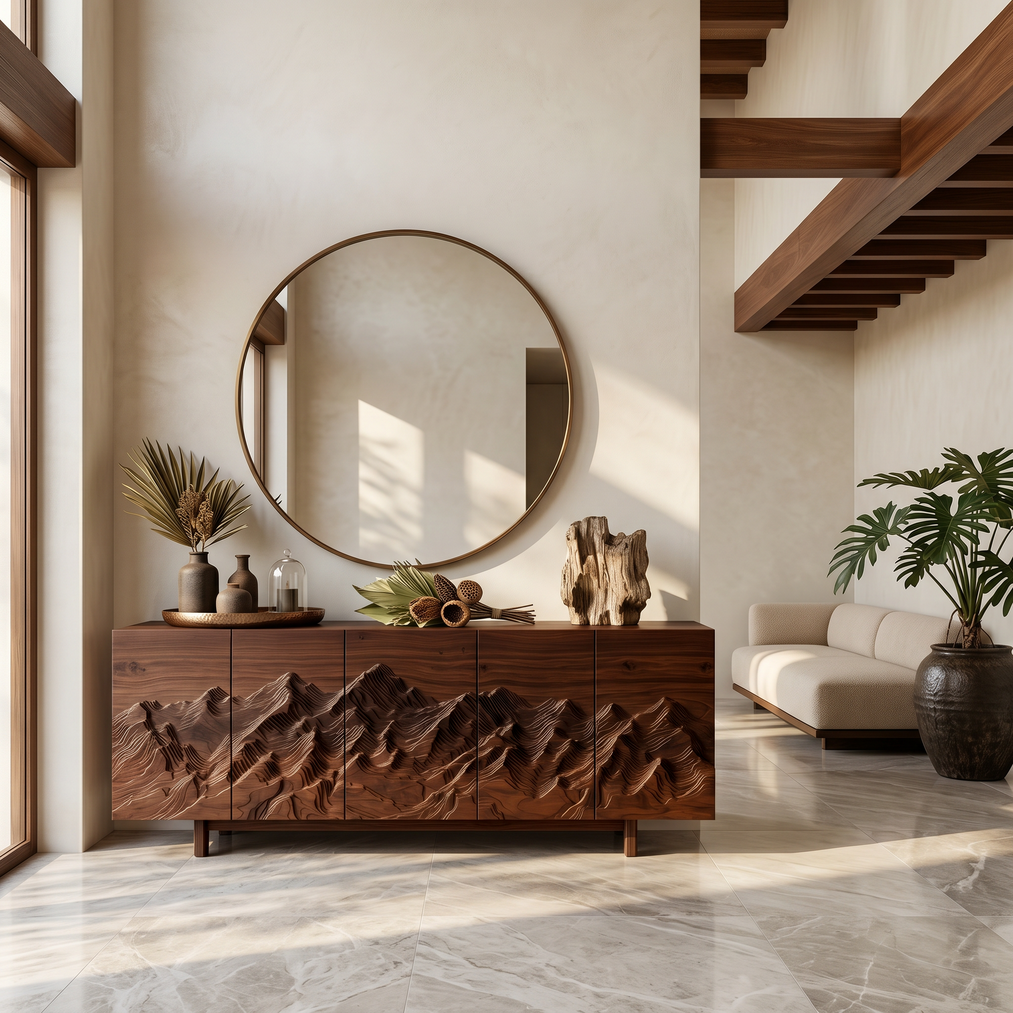 Rustic Mountain Sunrise Sideboard With Hand Carved Wood Doors For Living Room And Entryway SINLSASC519