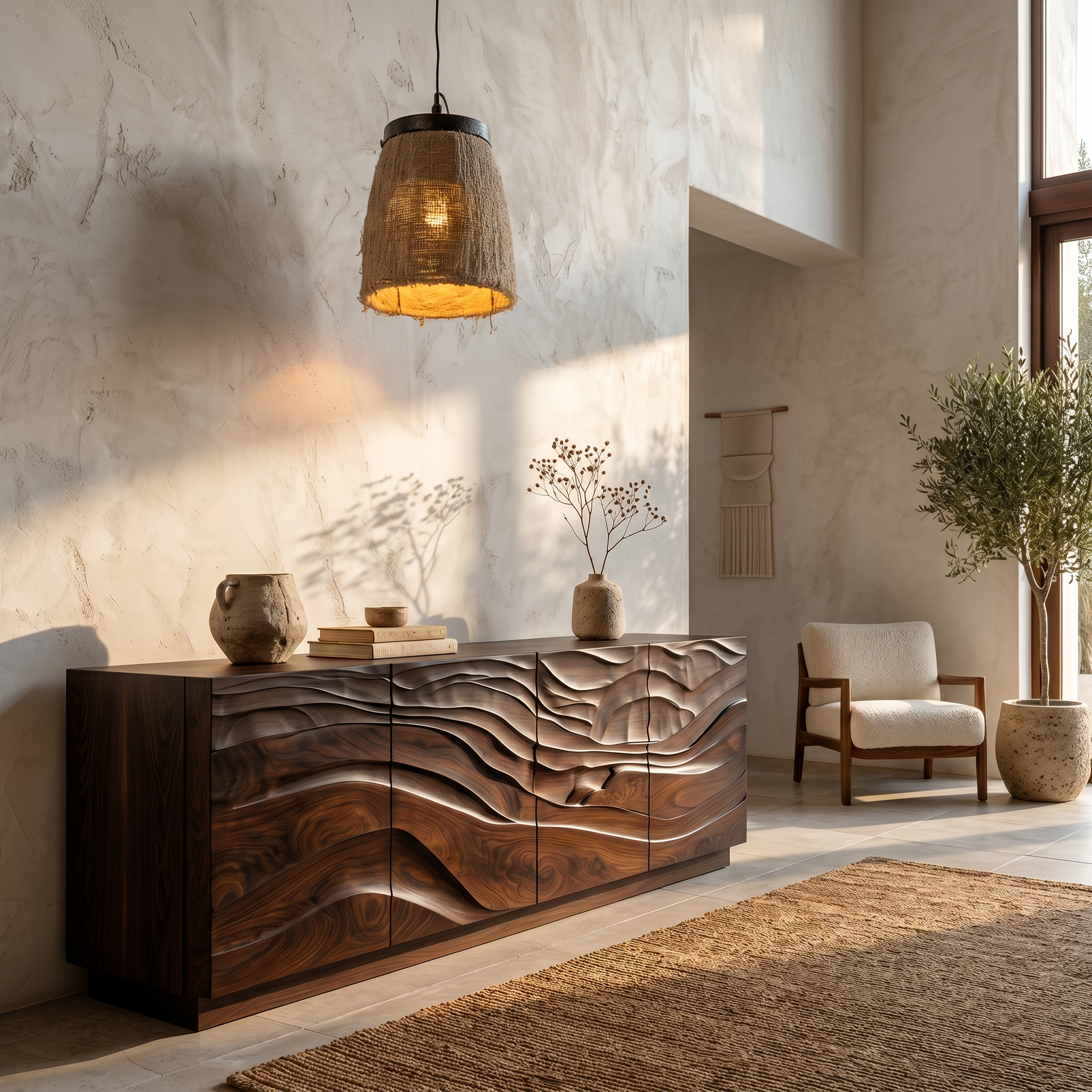 Organic Sideboard With Sculptural Wave Carved Wood Front For Living Room SINLSASC522