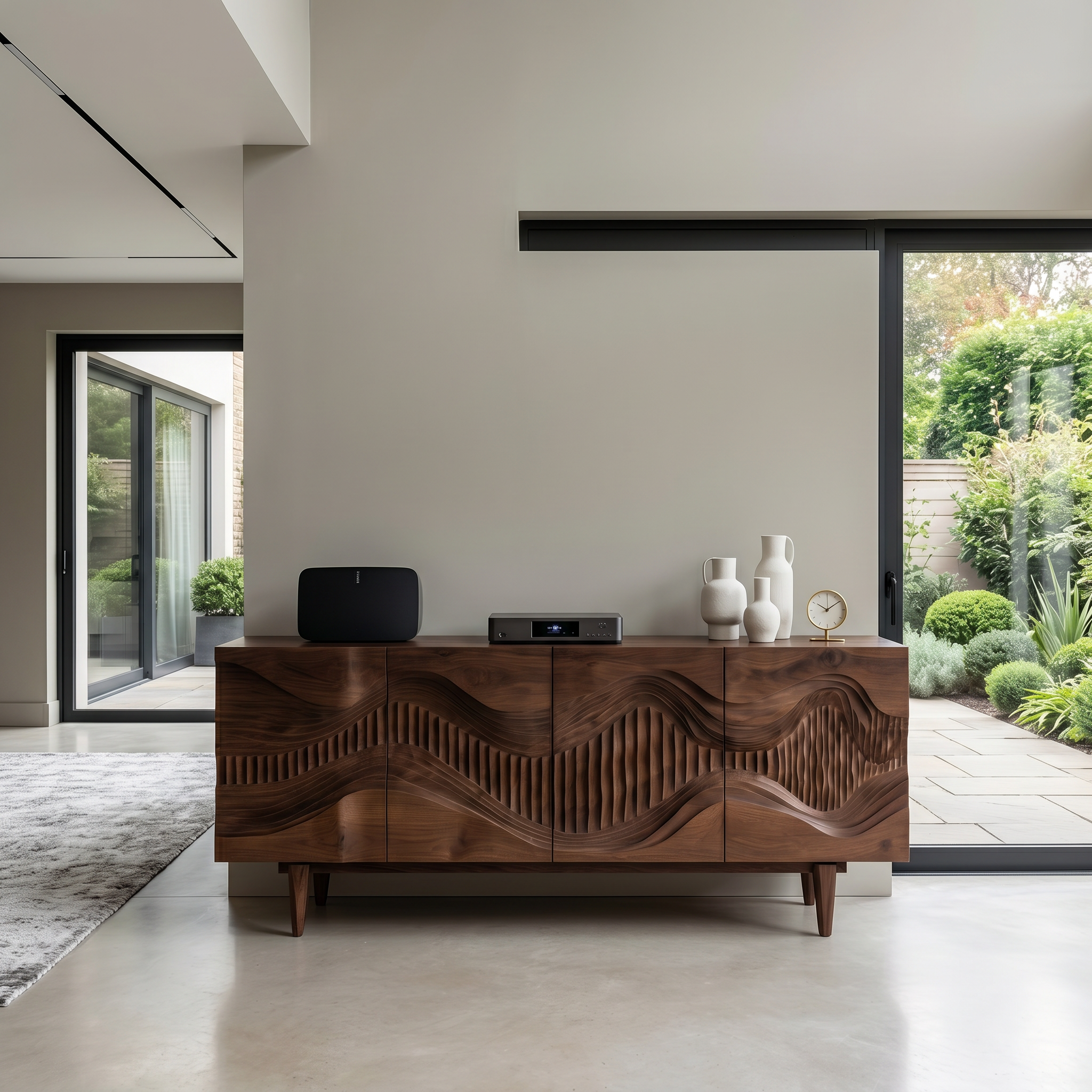 Mid Century Sideboard With Sculptural Wave Carved Wood Doors For Living Room SINLSASC524