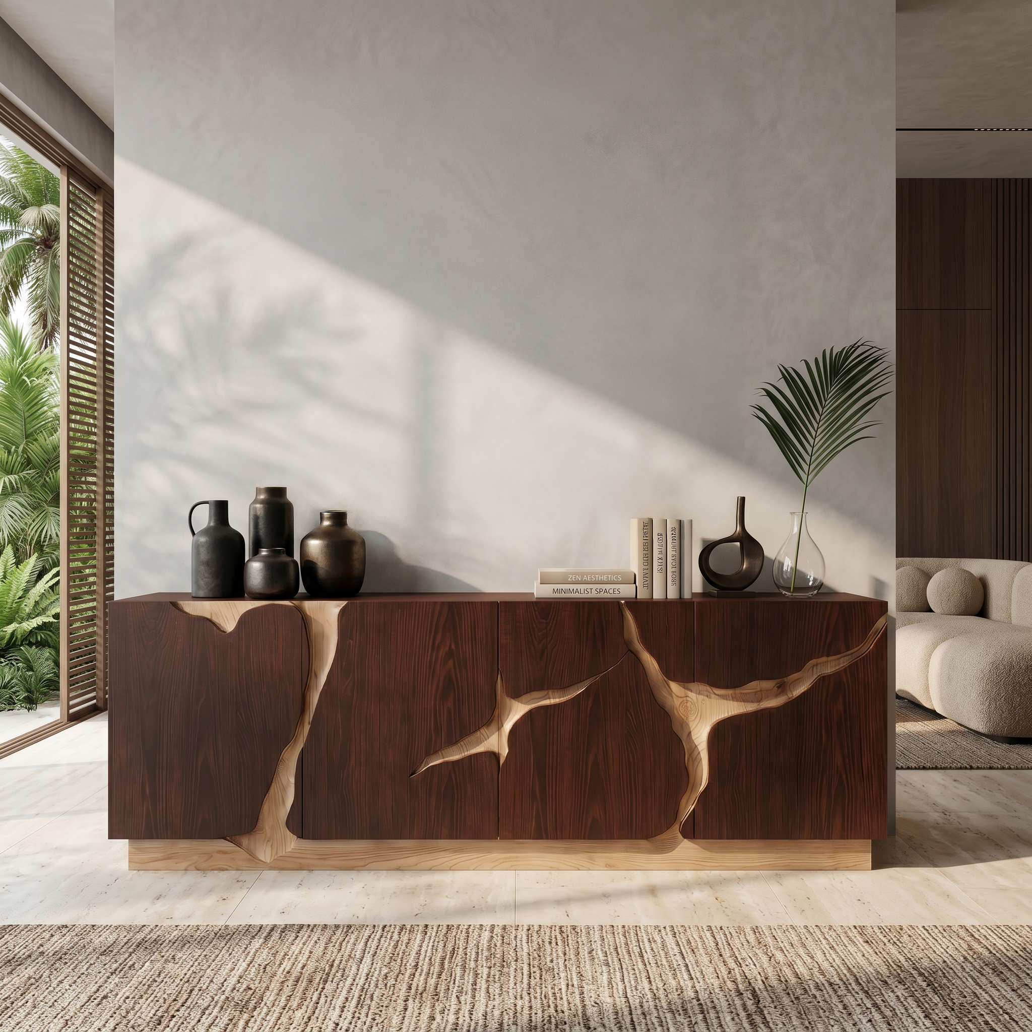 Organic Sideboard With Charred Wood Doors And Natural Live Edge Inlay For Living Room SINLSASC529